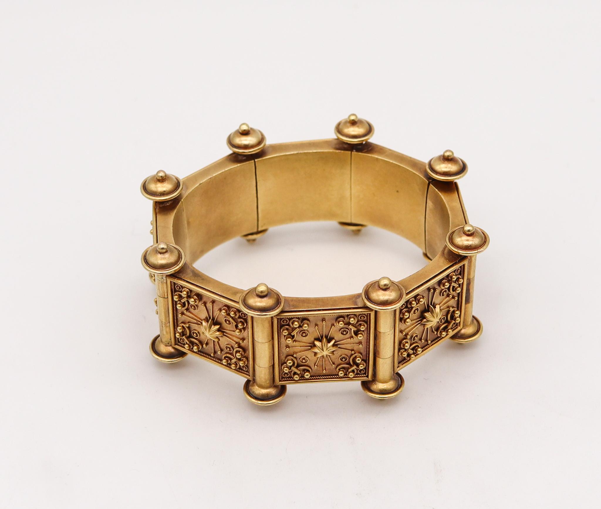 Women's or Men's Castellani 1870 Italian Etruscan Revival Bangle Bracelet in 19Kt Yellow Gold For Sale