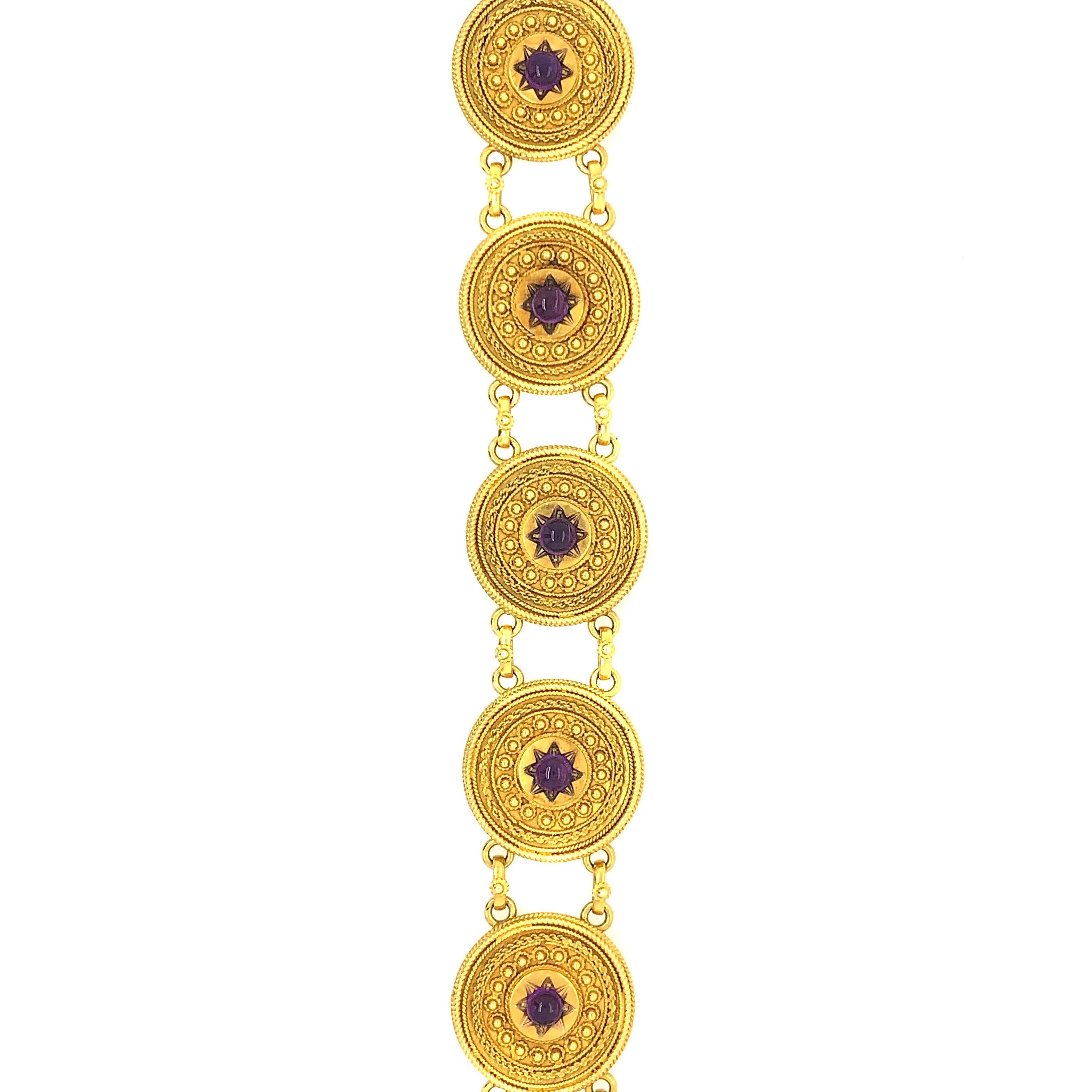 Designer: Castellani
Metal: 18k Yellow Gold
Condition: Excellent
Length: 7.44 inches
Total Item weight: 22 g
Gemstone: Amethyst