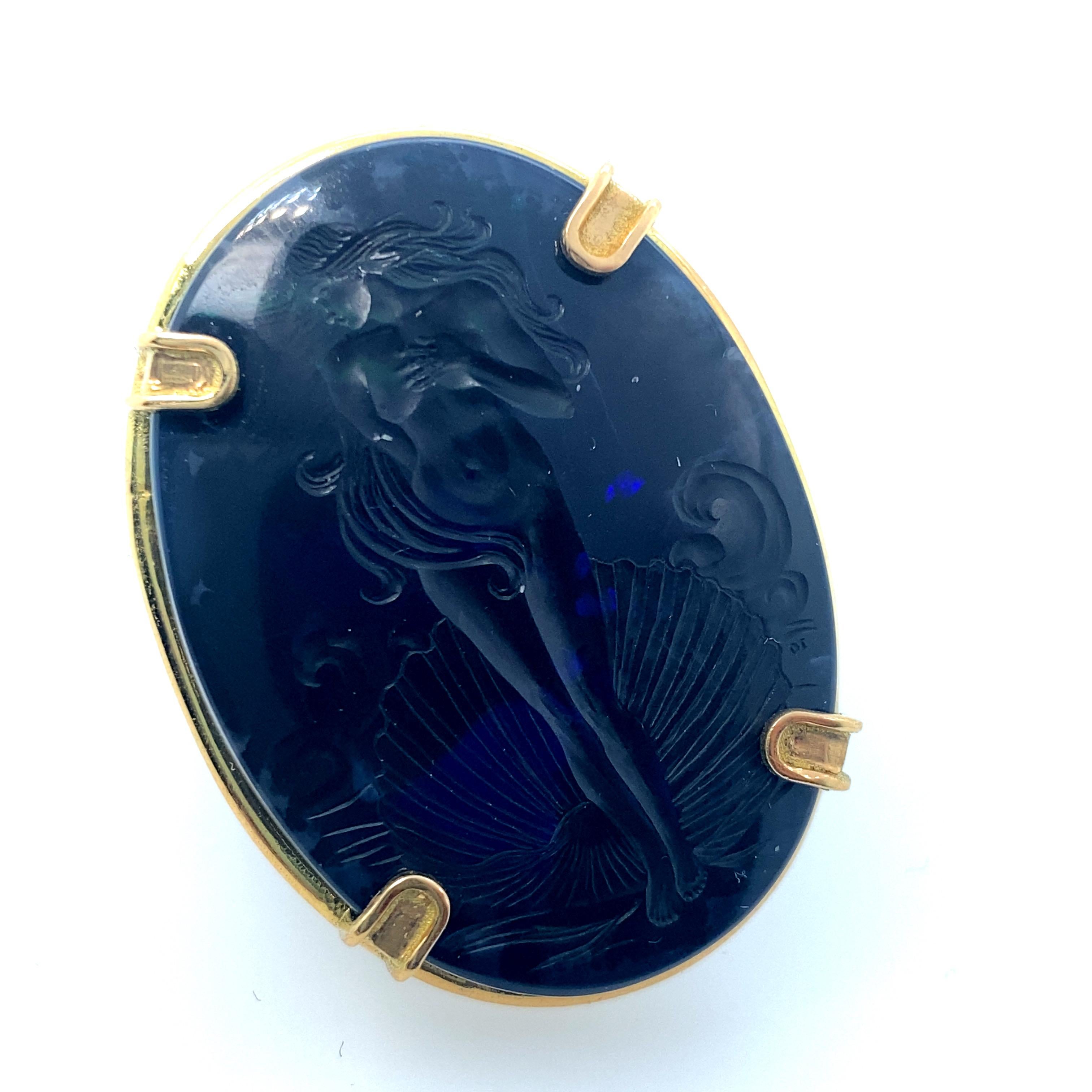 Oval Cut Castellani 42.06ct Black Opal Venus Hand Carved Intaglio 18kt Gold Brooch For Sale