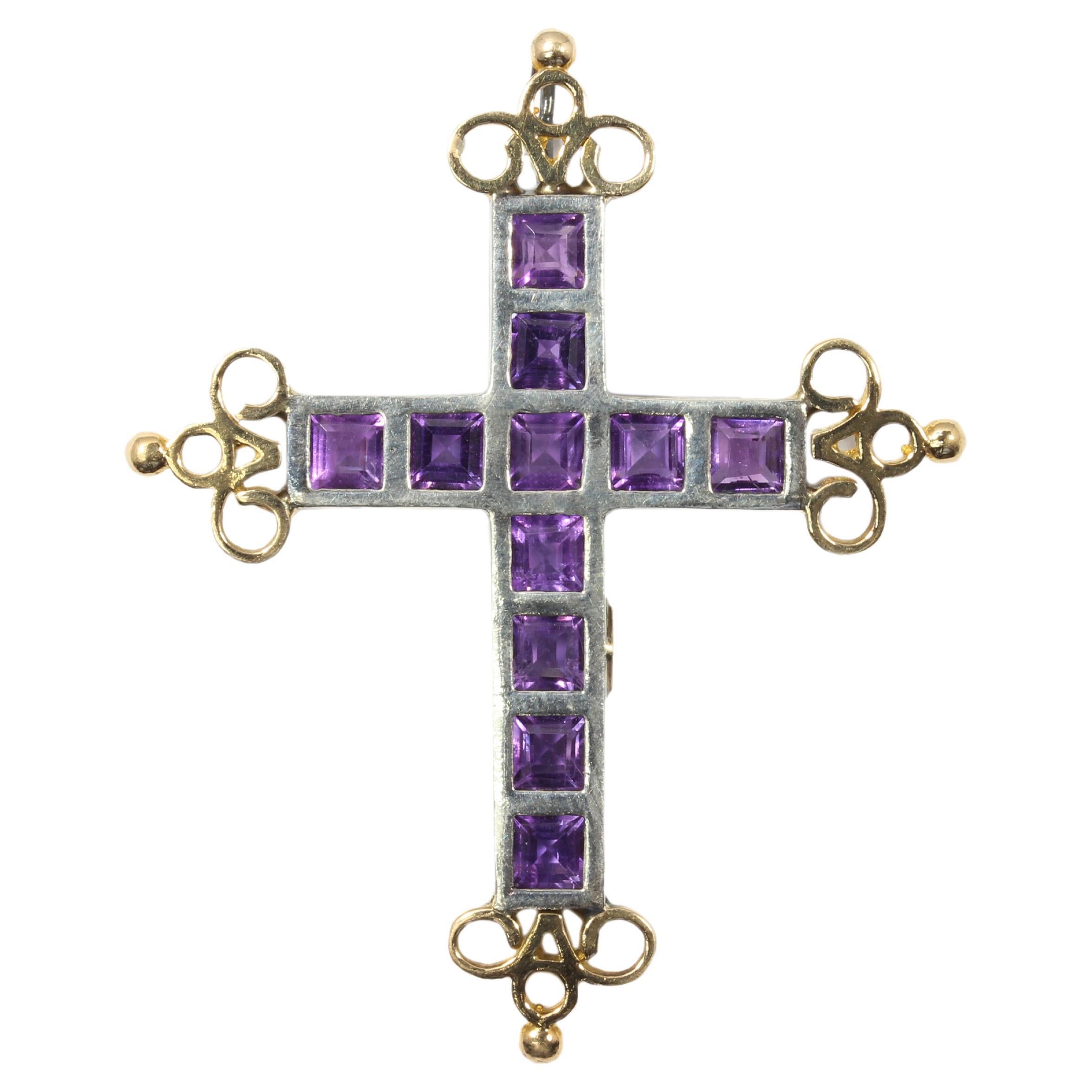 Castellani Pendentif croix en argent et or 18 carats avec améthyste