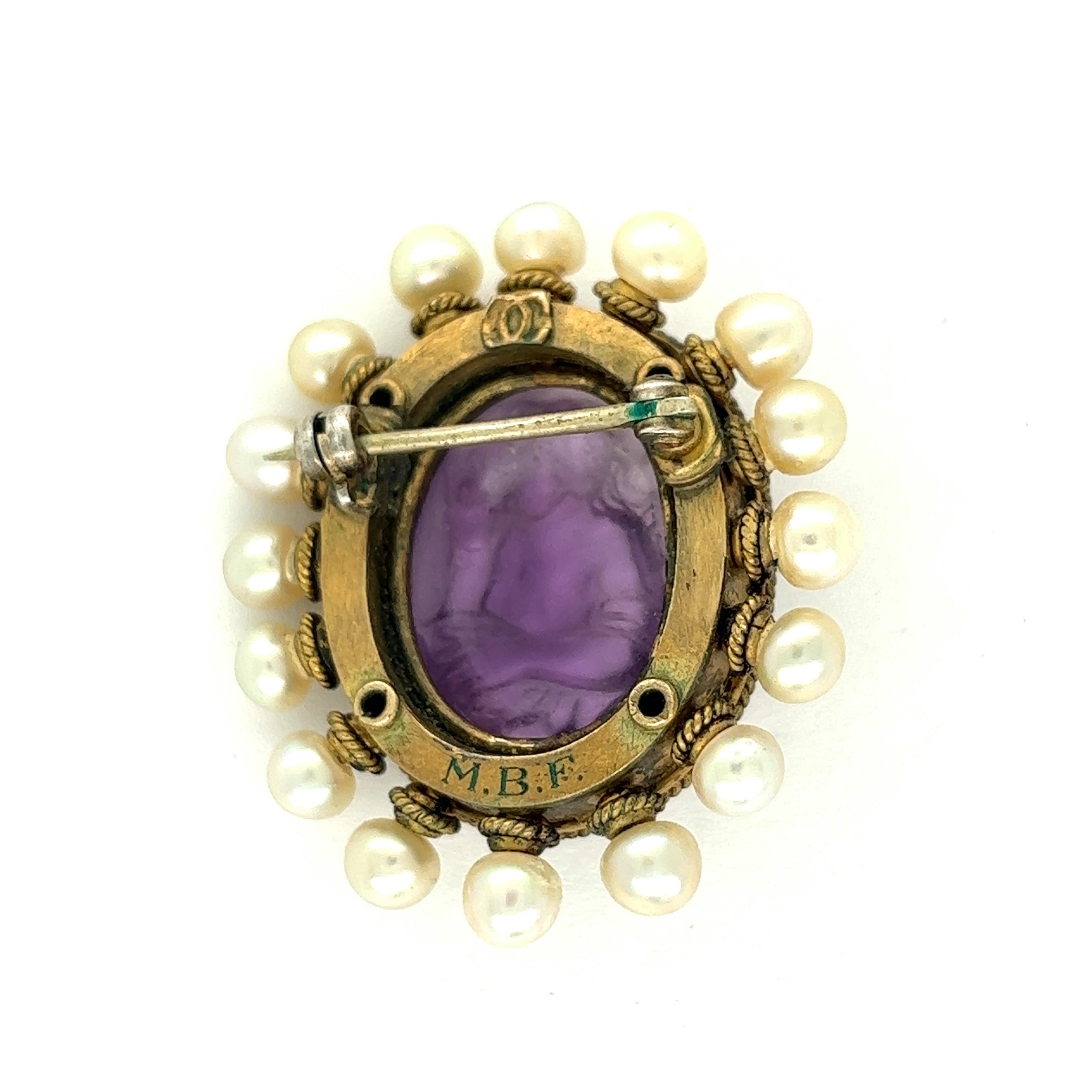 Castellani Amethyst Cameo Pearl Oval 18k Gold Brooch For Sale 1