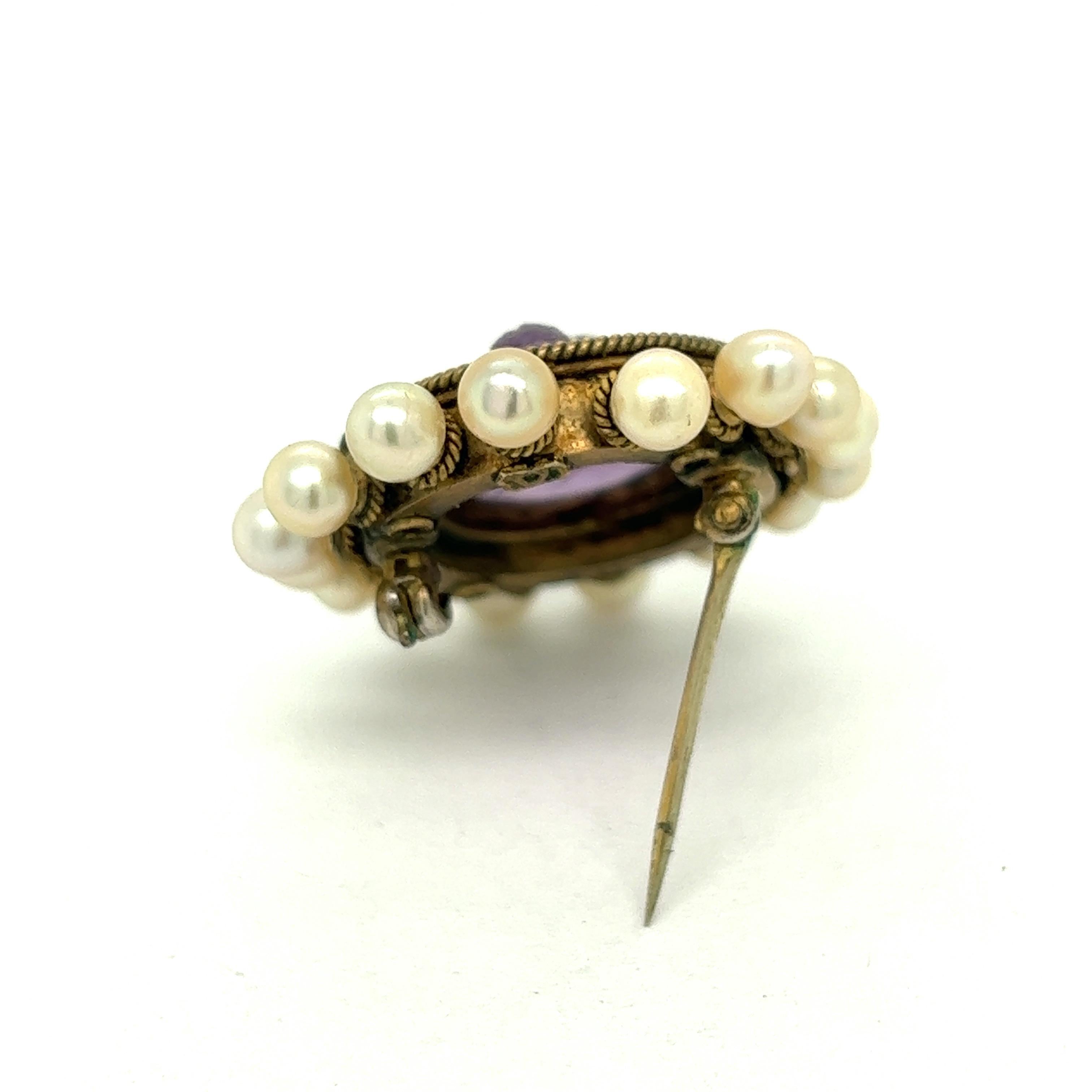 Castellani Amethyst Cameo Pearl Oval 18k Gold Brooch For Sale 2