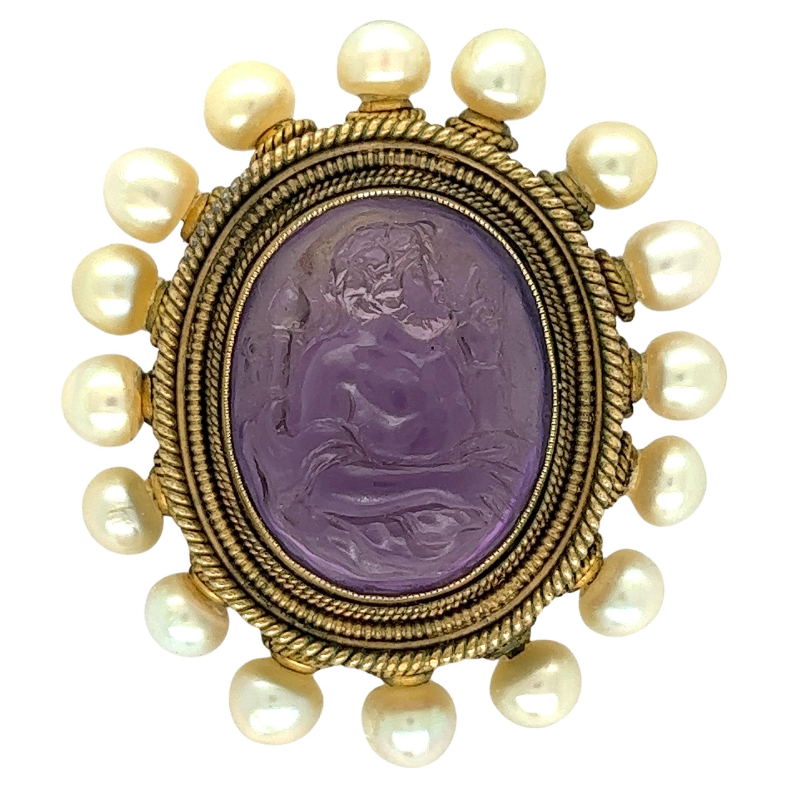 Castellani Amethyst Cameo Pearl Oval 18k Gold Brooch For Sale