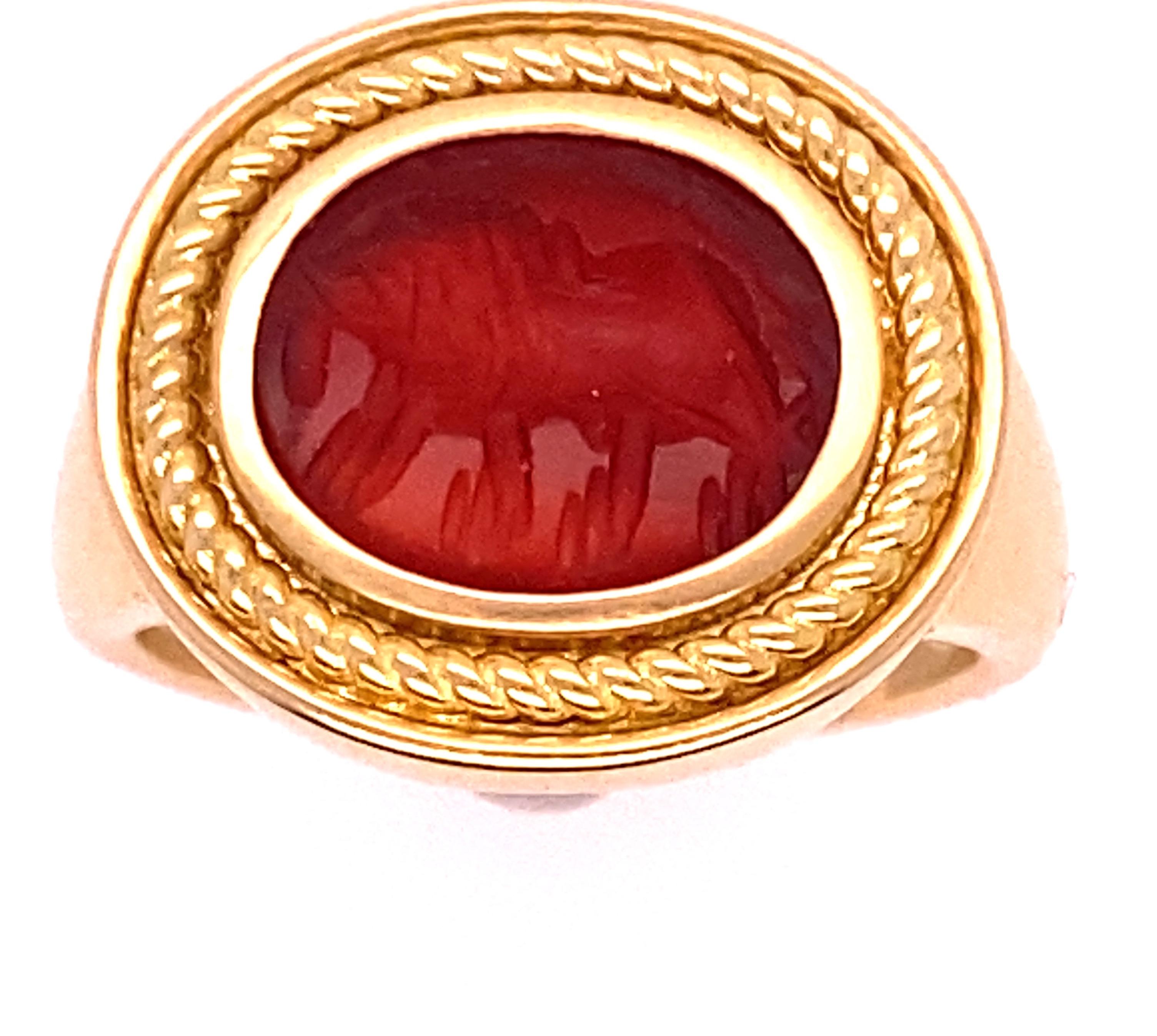 Oval Cut Castellani Ancient 3rd to 7th Century Carnelian Lion Intaglio 18kt Gold Ring For Sale