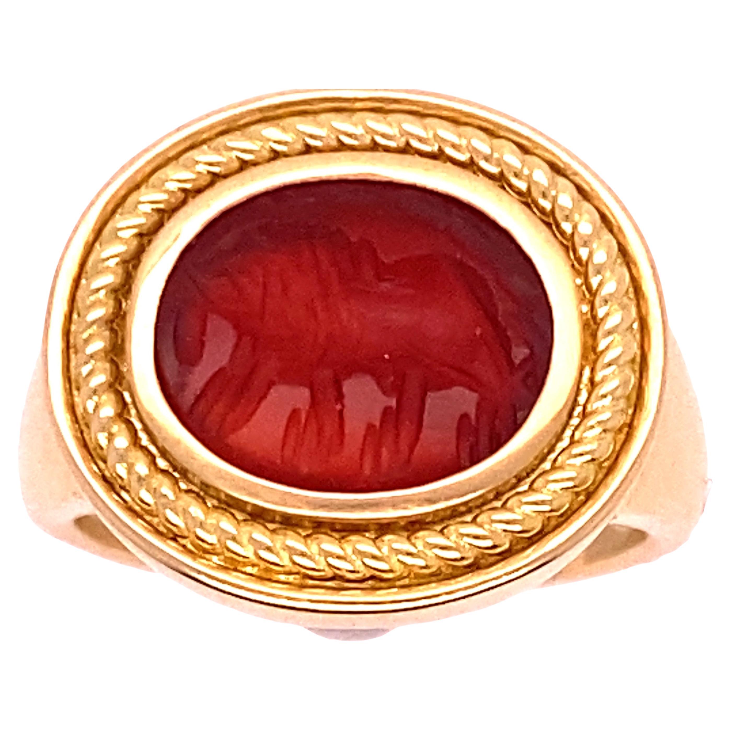 Castellani Ancient 3rd to 7th Century Carnelian Lion Intaglio 18kt Gold Ring For Sale