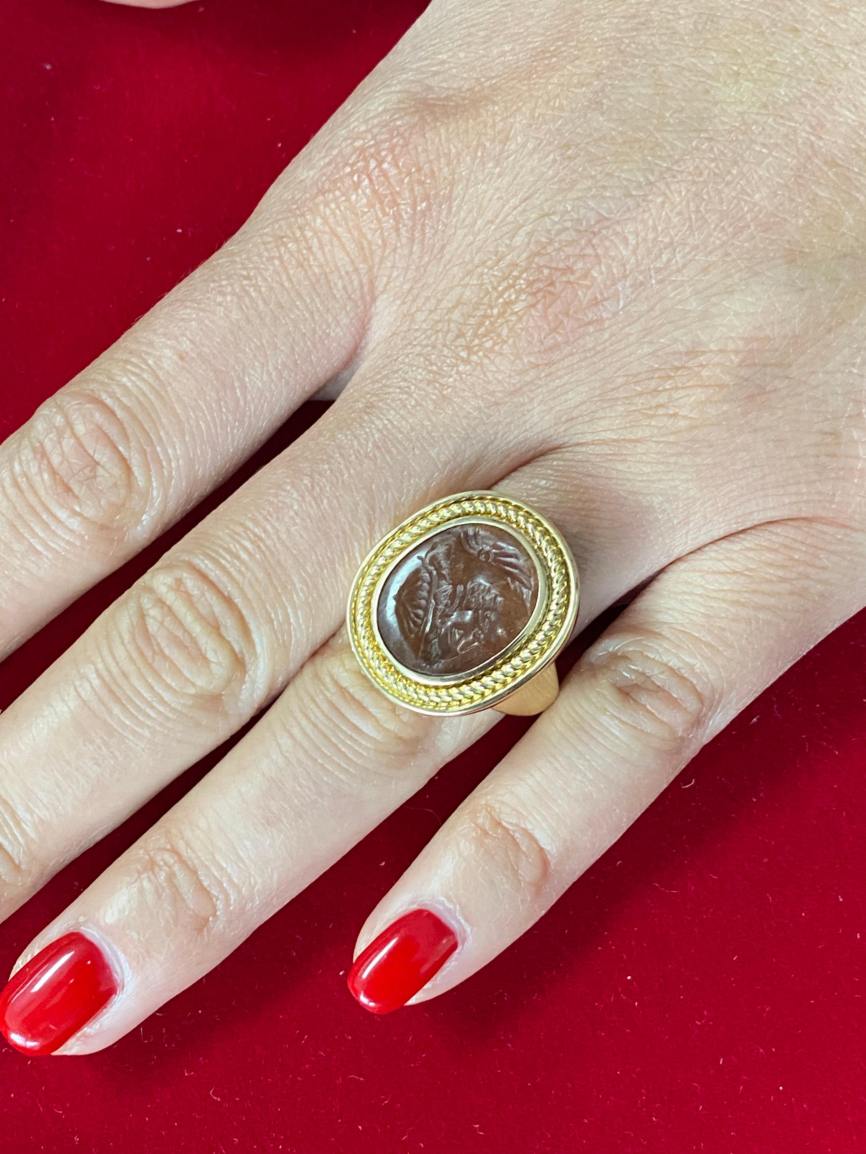 Women's or Men's Castellani Ancient 7th Century Carnelian Intaglio 18kt Gold Ring For Sale