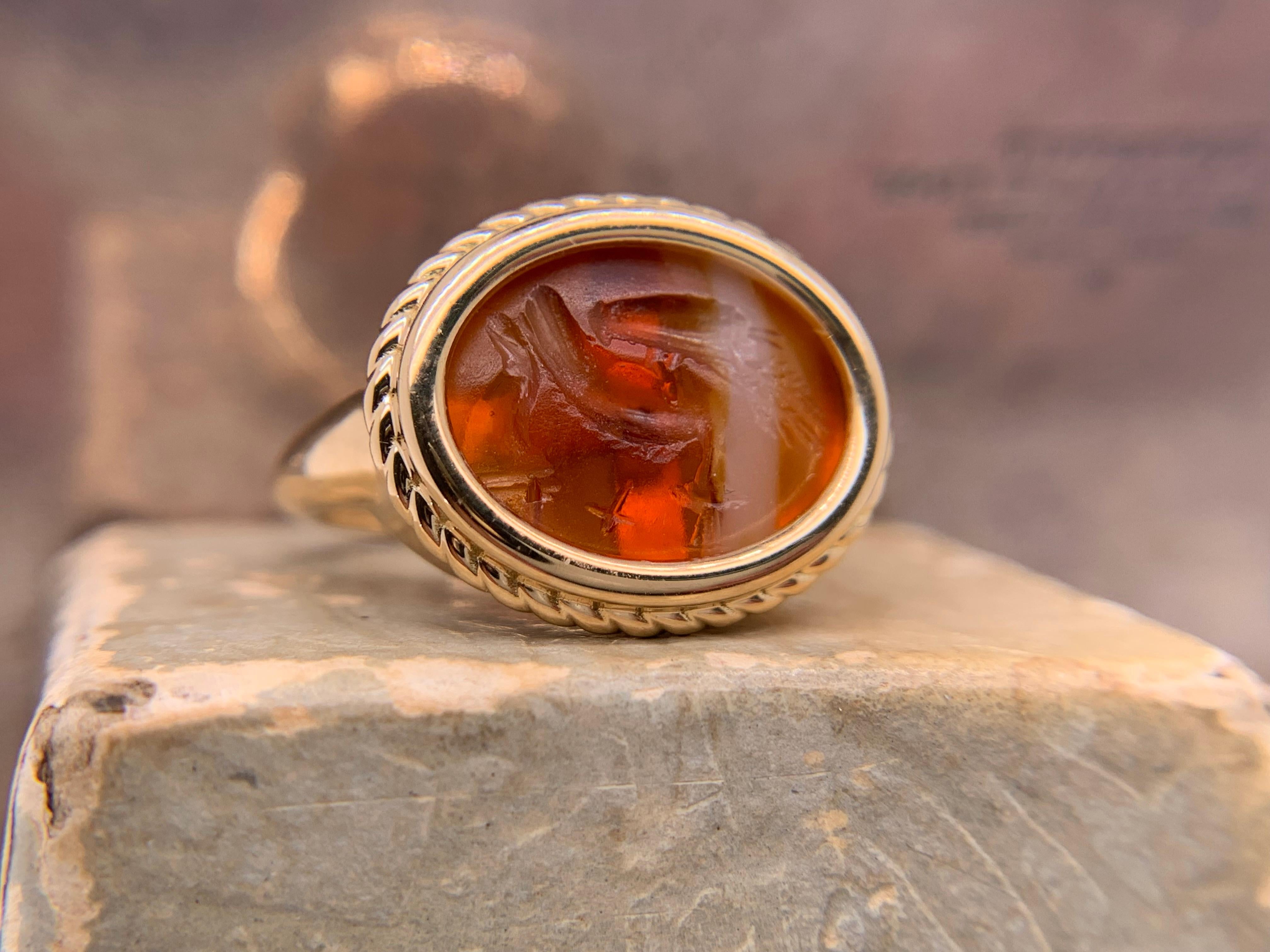 Oval Cut Castellani Ancient Banded Agate Peacock Intaglio Gold Ring For Sale