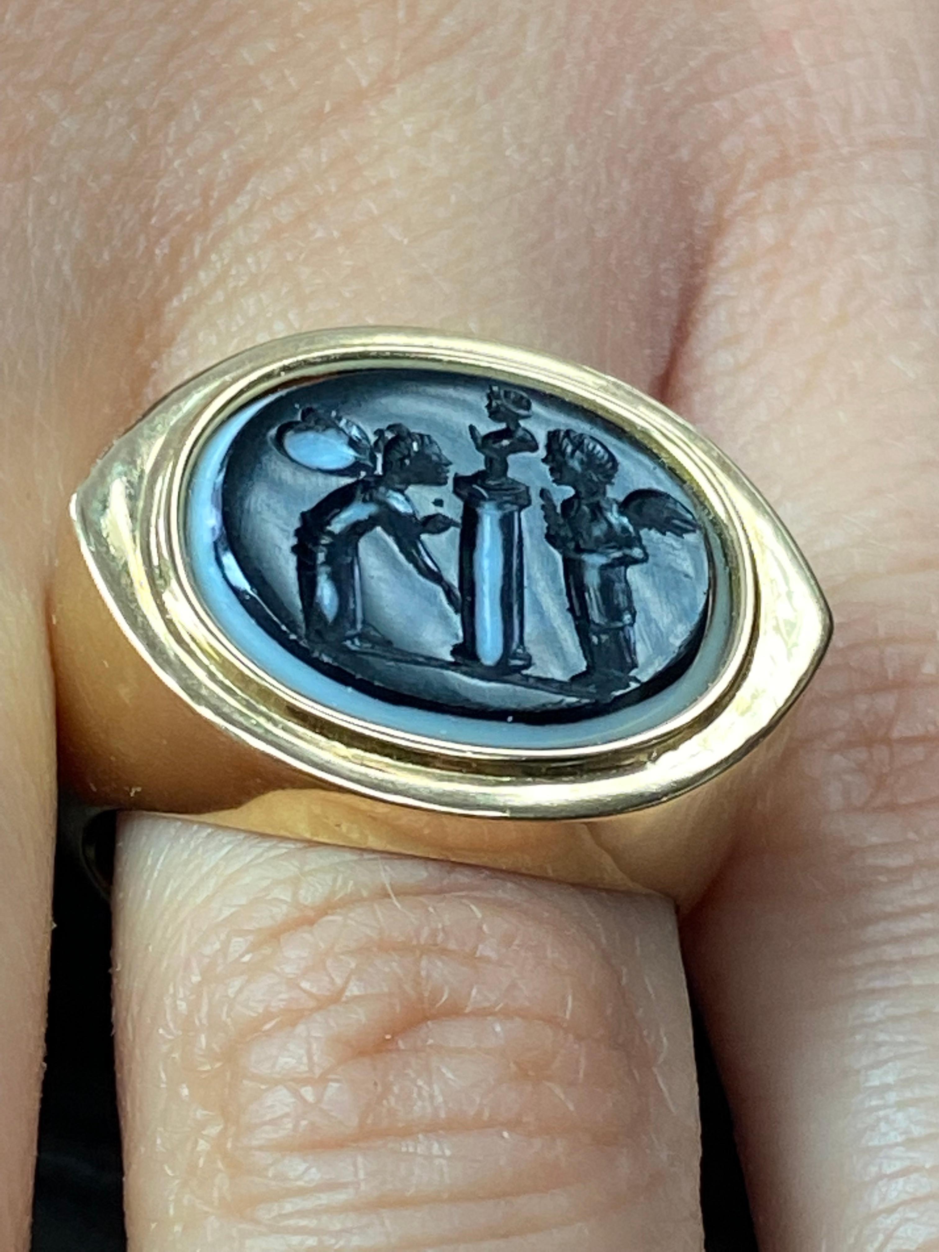 Oval Cut Castellani Ancient Roman Agate Intaglio Gold Ring For Sale