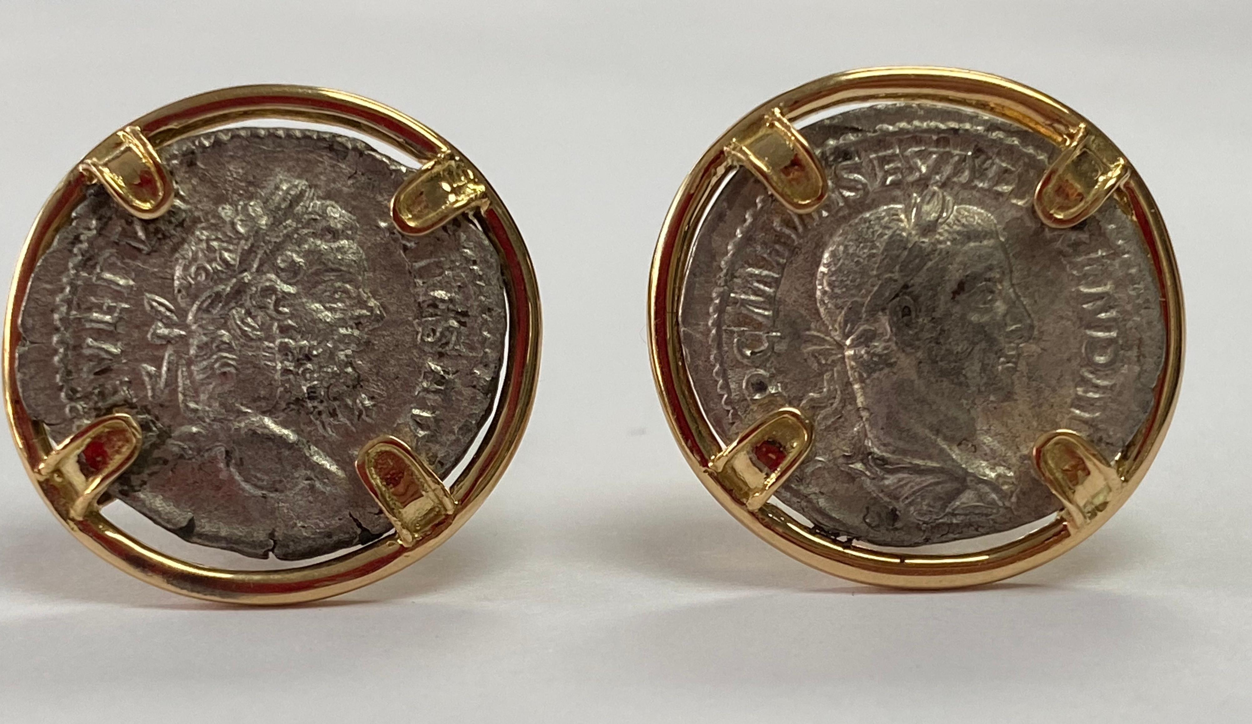 Etruscan Revival Castellani Ancient Roman Silver Denarius Coin 18kt Gold Earrings For Sale