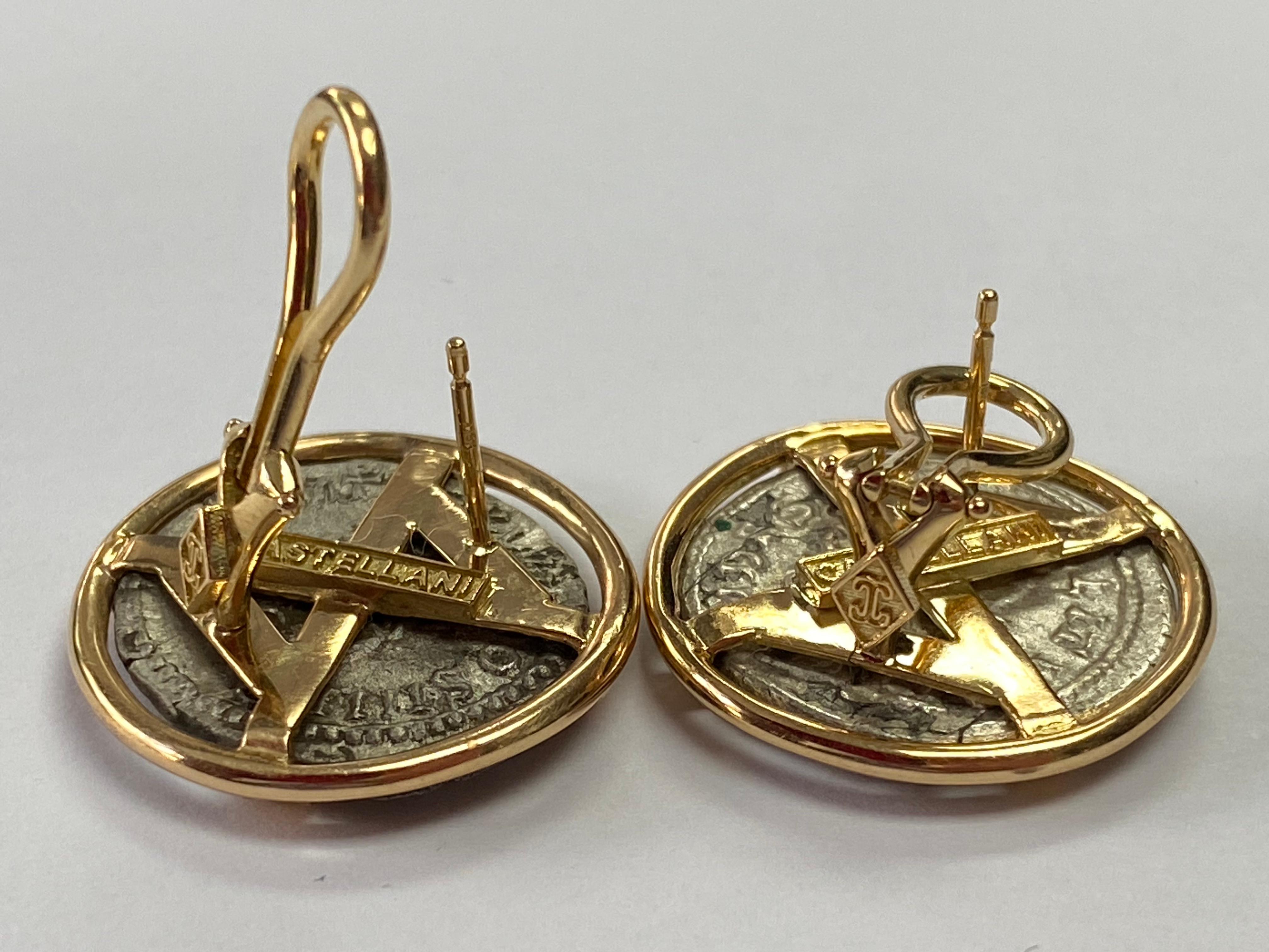Boucles d'oreilles en or 18 carats de Castellani, pièce de monnaie romaine ancienne en argent Denarius Pour femmes en vente