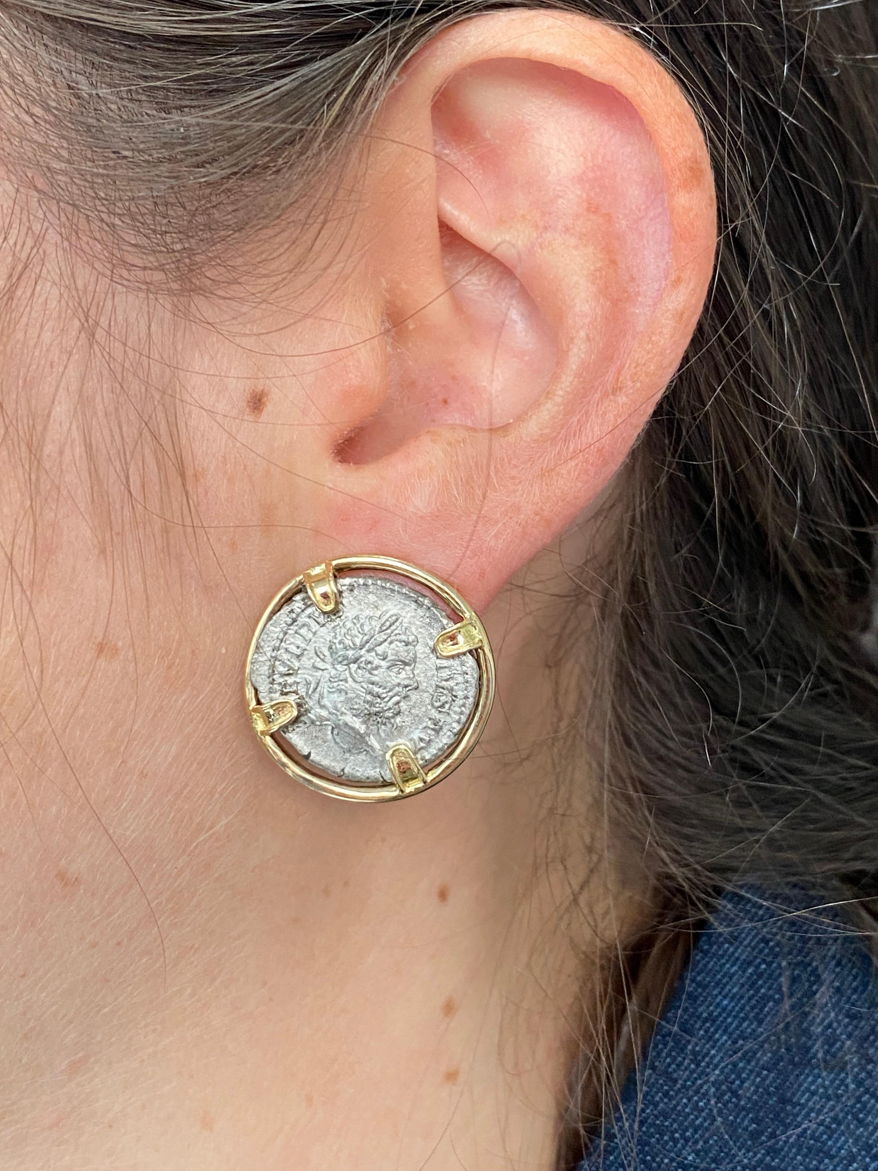 Women's Castellani Ancient Roman Silver Denarius Coin 18kt Gold Earrings For Sale