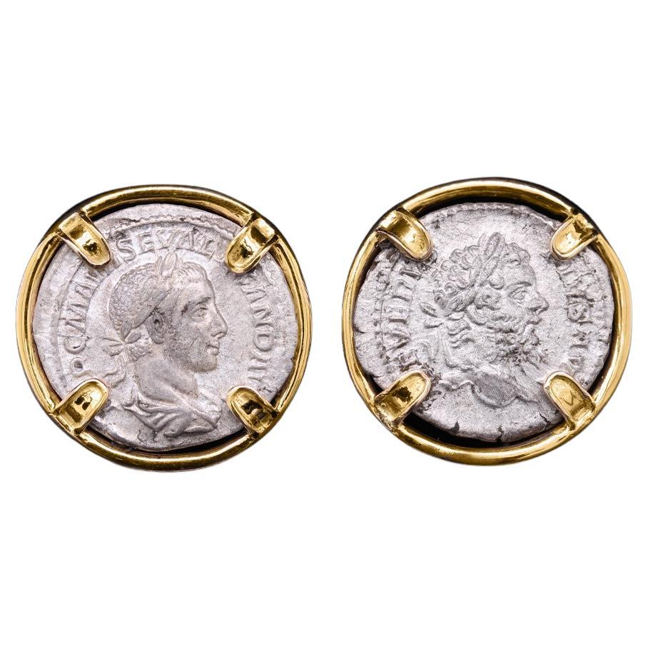 Boucles d'oreilles en or 18 carats de Castellani, pièce de monnaie romaine ancienne en argent Denarius en vente