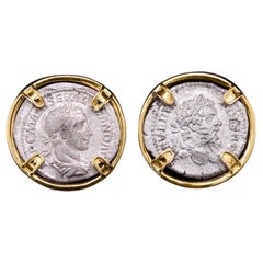 Boucles d'oreilles en or 18 carats de Castellani, pièce de monnaie romaine ancienne en argent Denarius