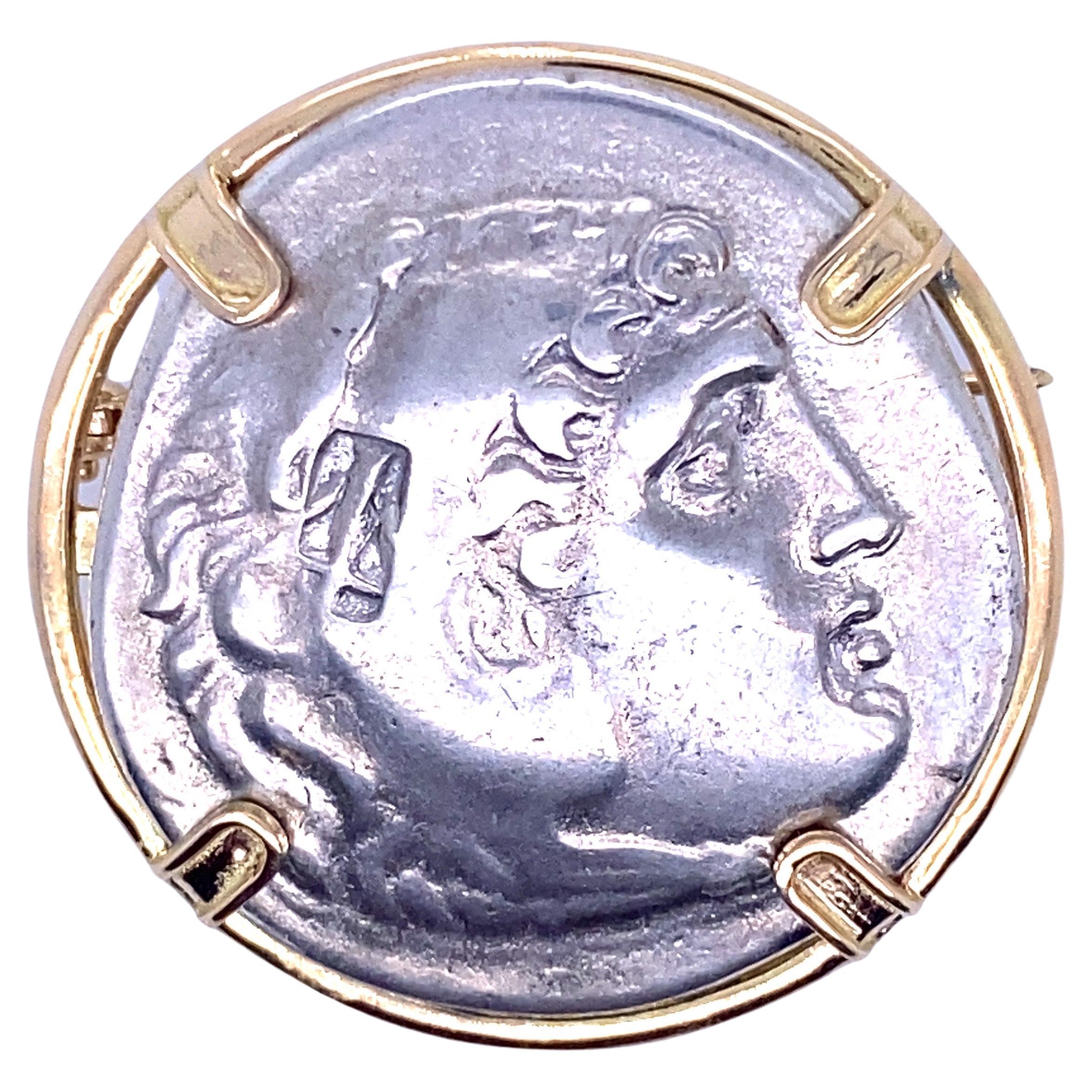 Castellani Ancient Silver Alexander the Great Coin 18kt Gold Brooch For Sale