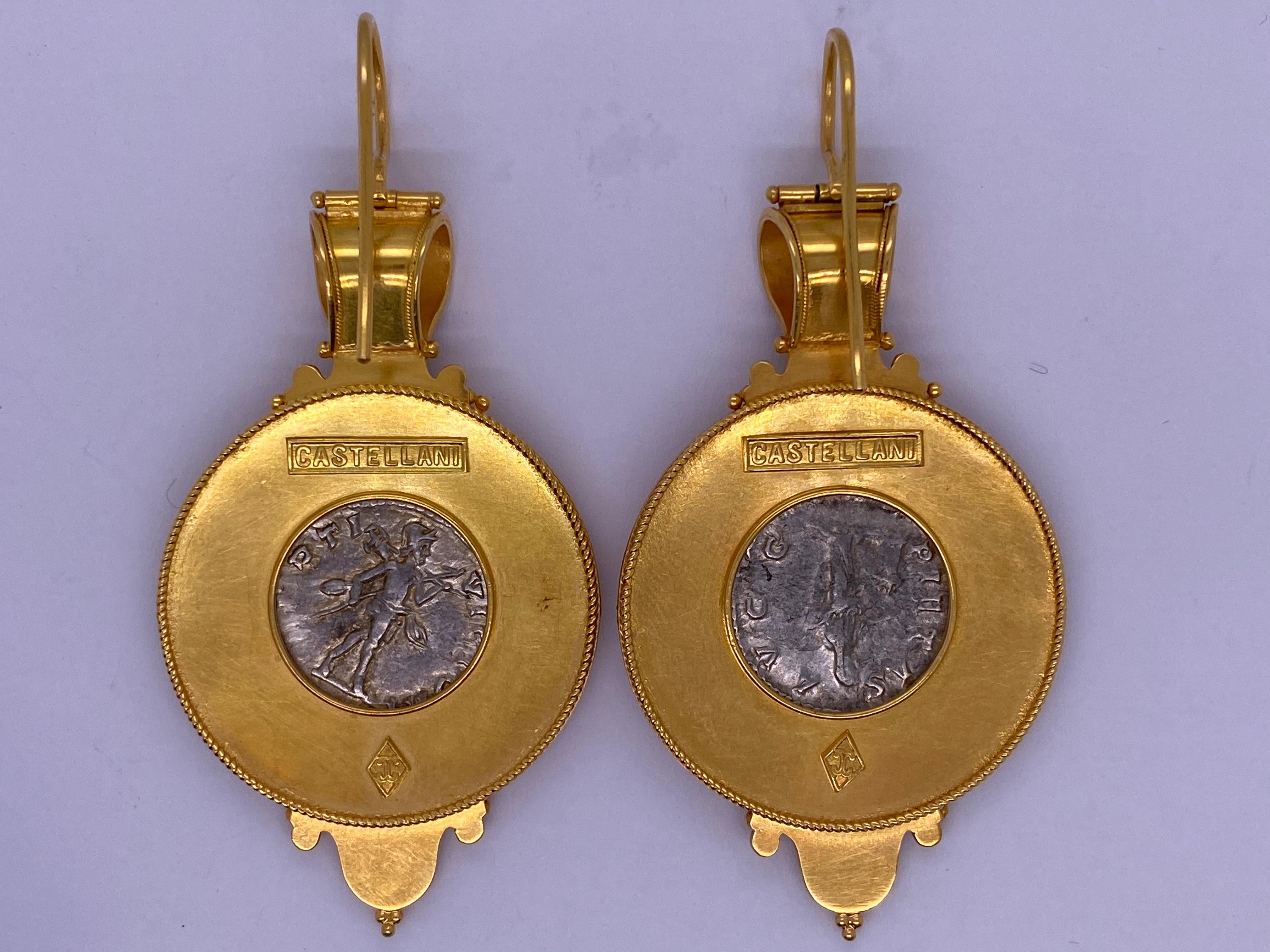 Etruscan Revival Castellani Ancient Silver Greek Coins circa 300BCE 15kt Gold Bulla Earrings  For Sale