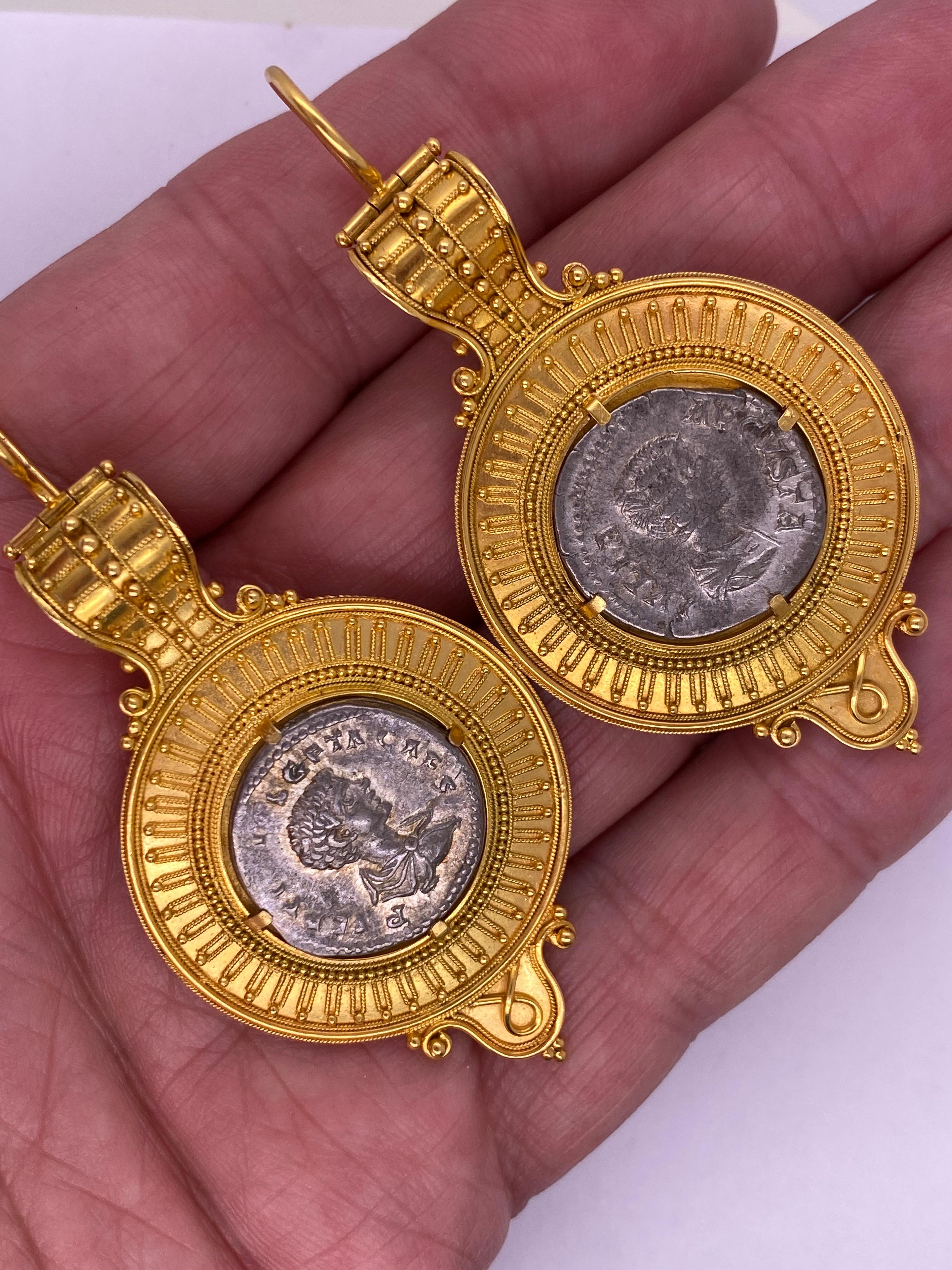 Women's Castellani Ancient Silver Greek Coins circa 300BCE 15kt Gold Bulla Earrings  For Sale