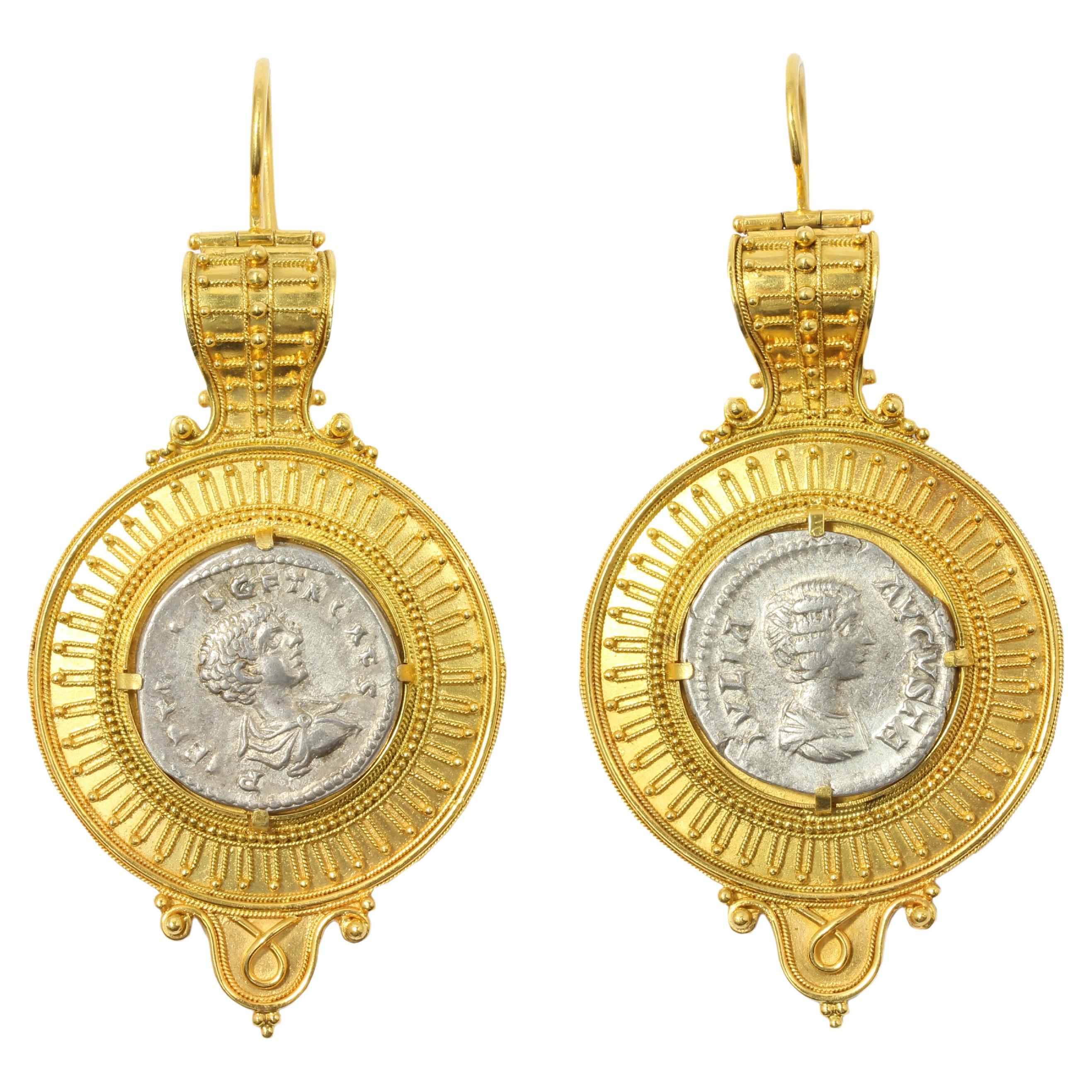 Castellani Ancient Silver Greek Coins circa 300BCE 15kt Gold Bulla Earrings  For Sale