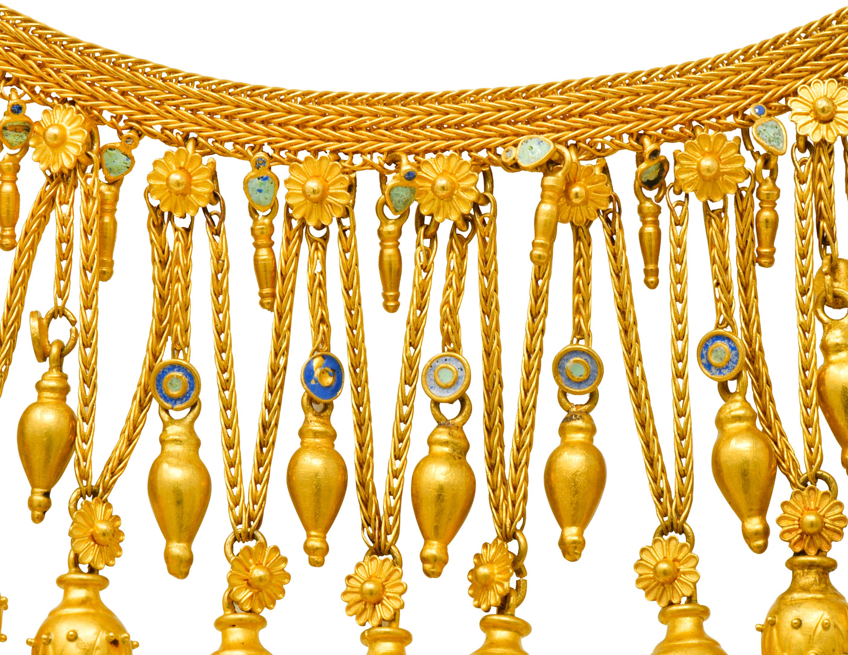 Castellani Etruscan Revival Enamel 18 Karat Gold Fringe Melos Necklace C. 1860s 3