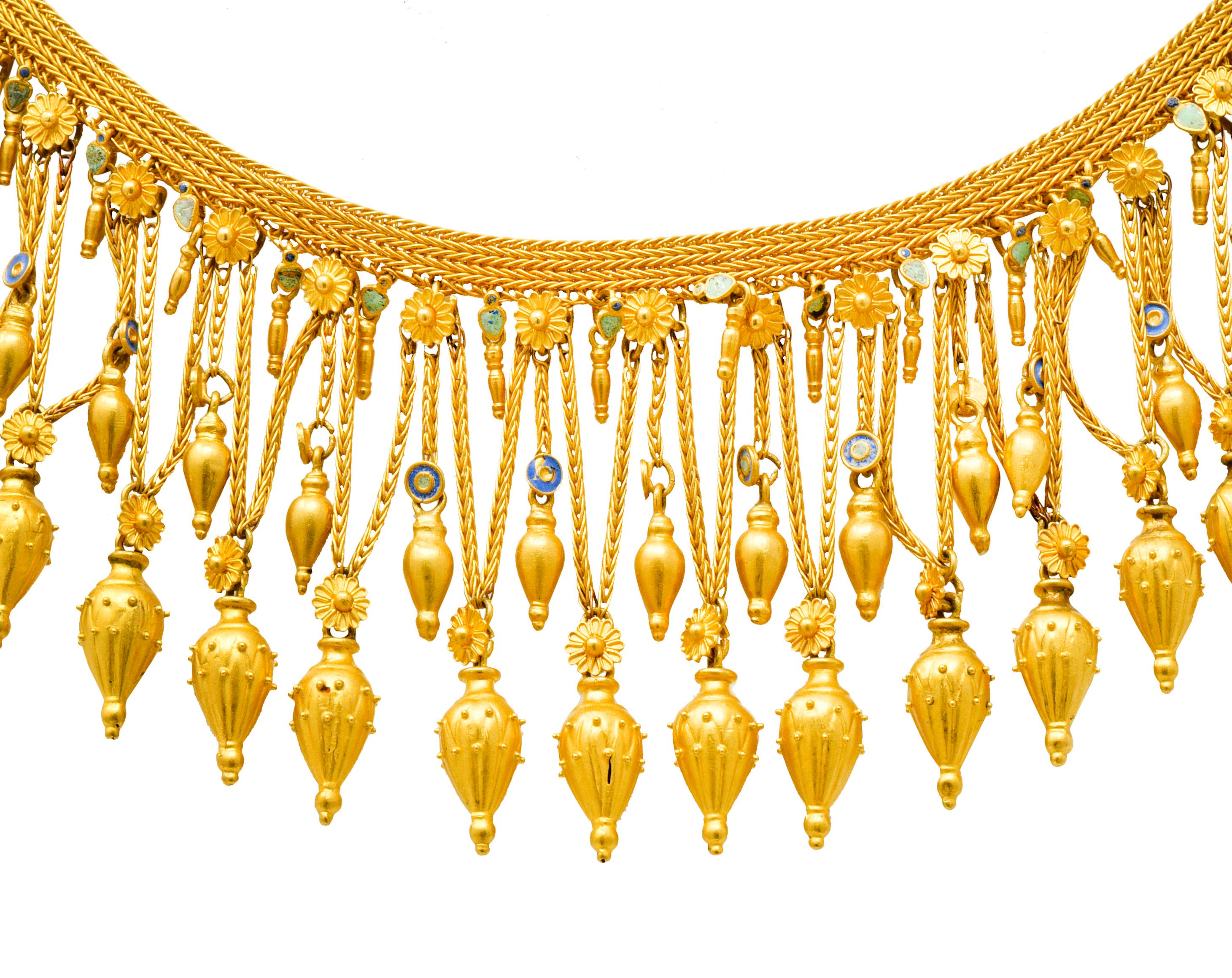 Castellani Etruscan Revival Enamel 18 Karat Gold Fringe Melos Necklace C. 1860s 5