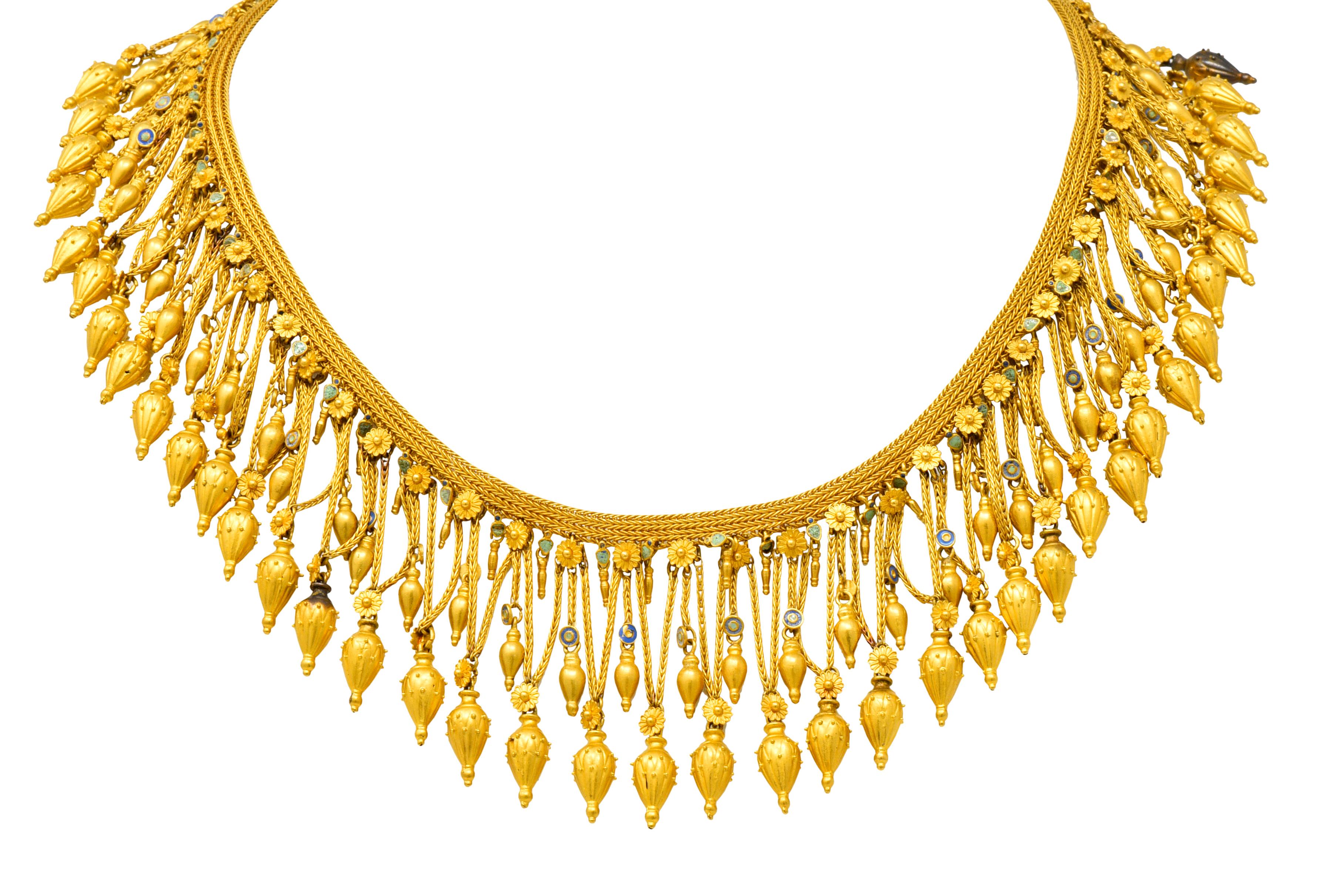 Castellani Etruscan Revival Enamel 18 Karat Gold Fringe Melos Necklace C. 1860s 6