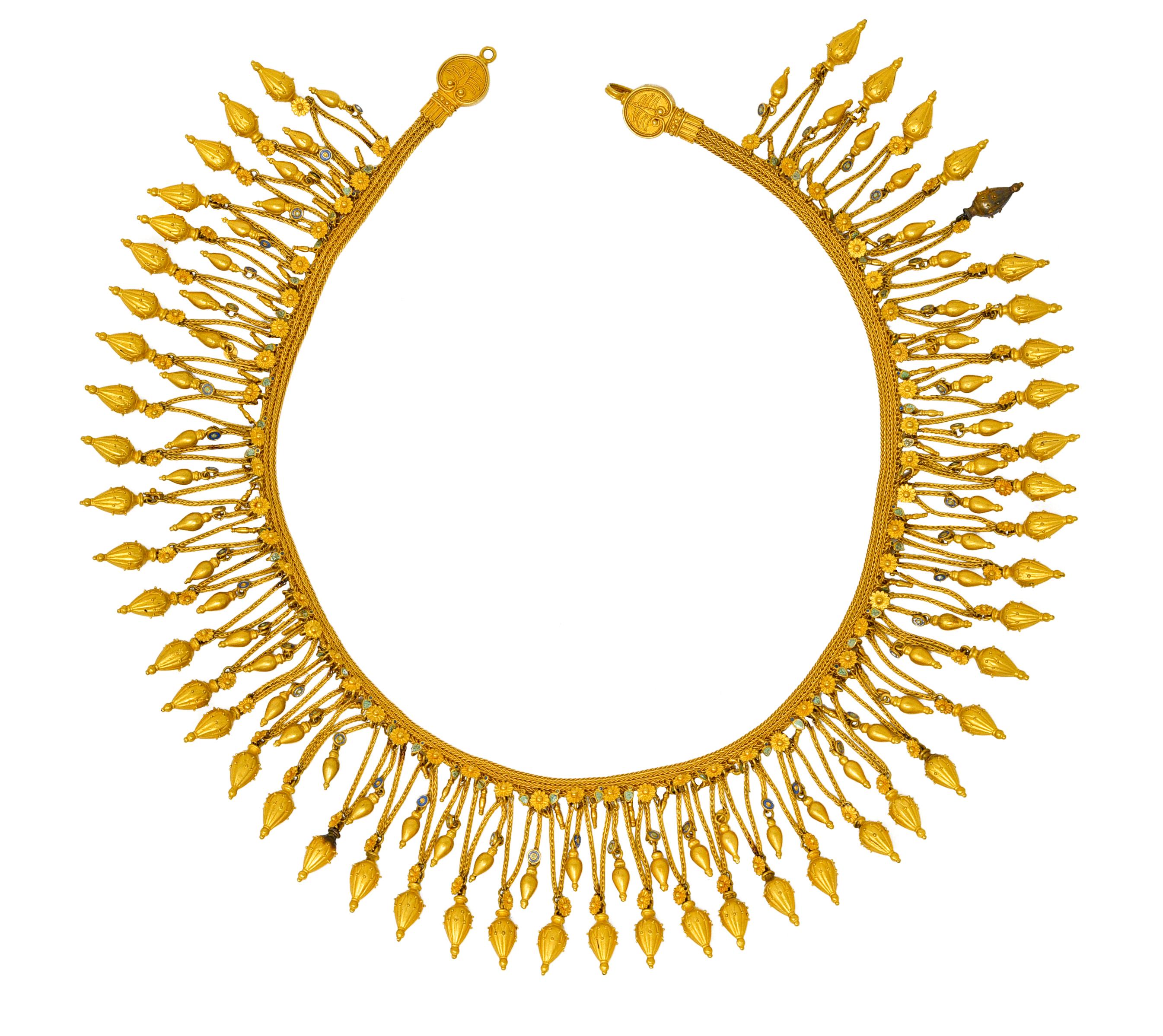 Melos choker necklace comprised of a woven wheat chain suspending three articulated tiers of drops, graduating in size, with floral and gold bead details

Accented throughout by blue and green enamel elements

With a rich matte gold