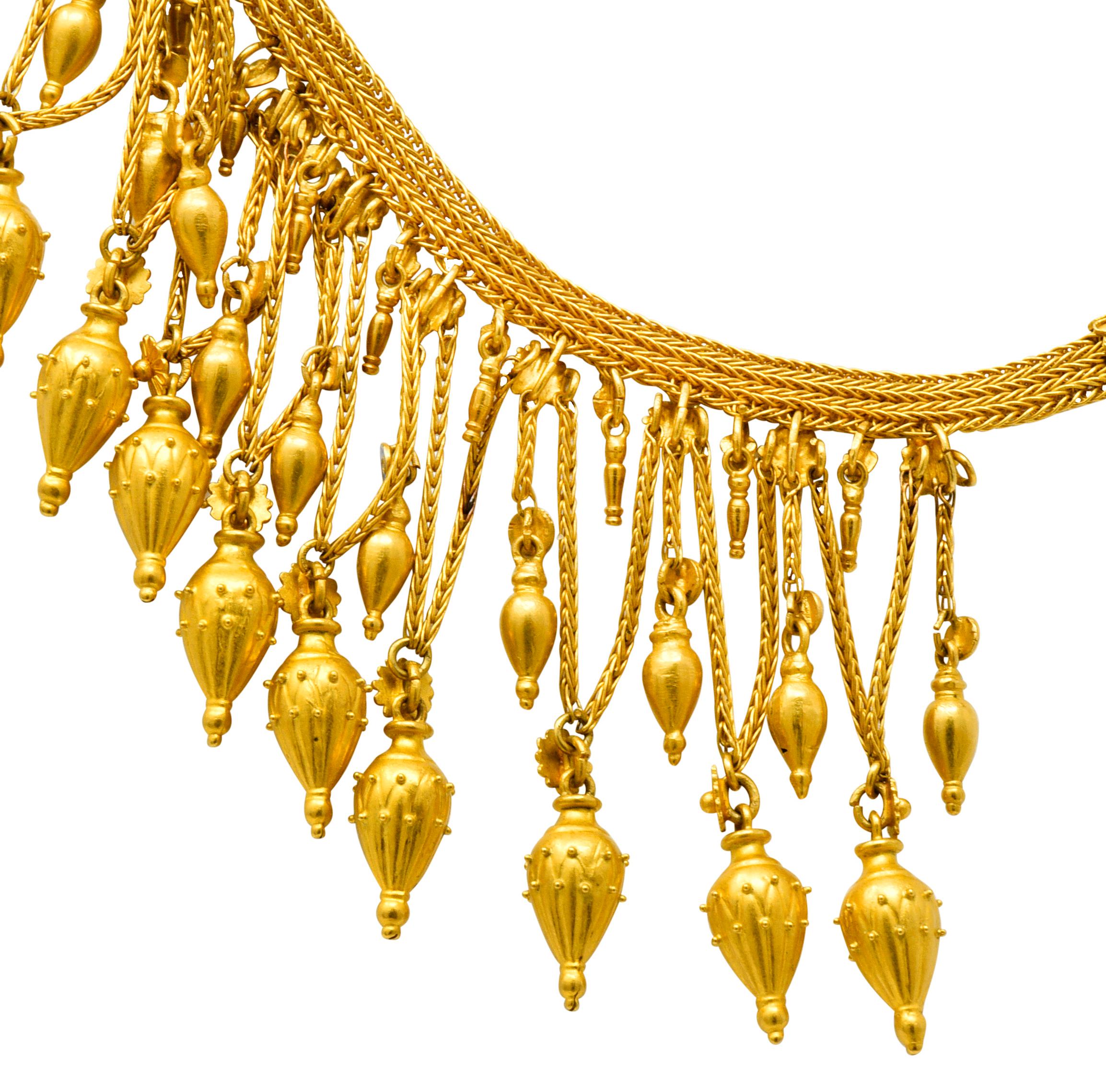 Castellani Etruscan Revival Enamel 18 Karat Gold Fringe Melos Necklace C. 1860s In Excellent Condition In Philadelphia, PA