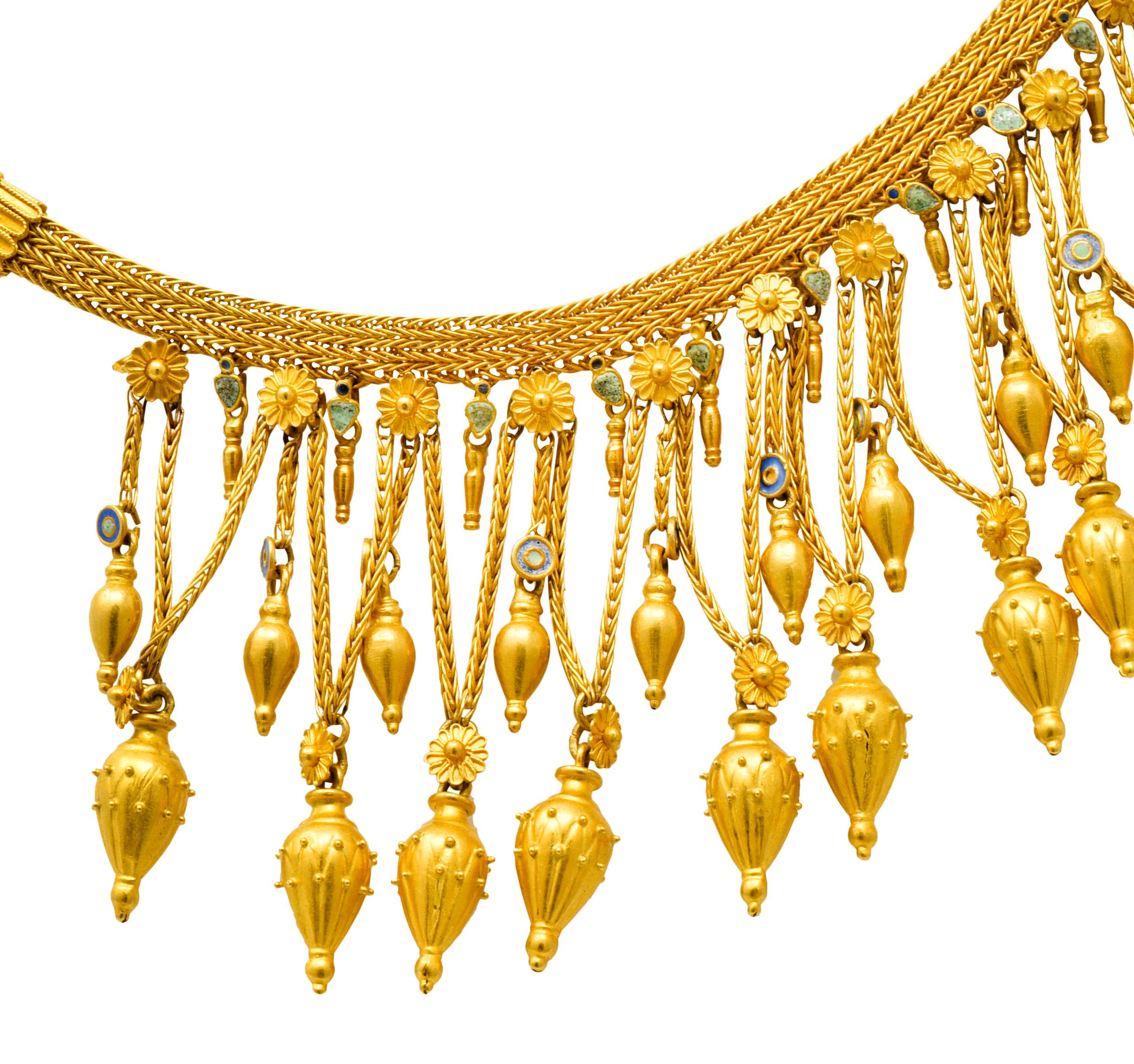Women's or Men's Castellani Etruscan Revival Enamel 18 Karat Gold Fringe Melos Necklace C. 1860s