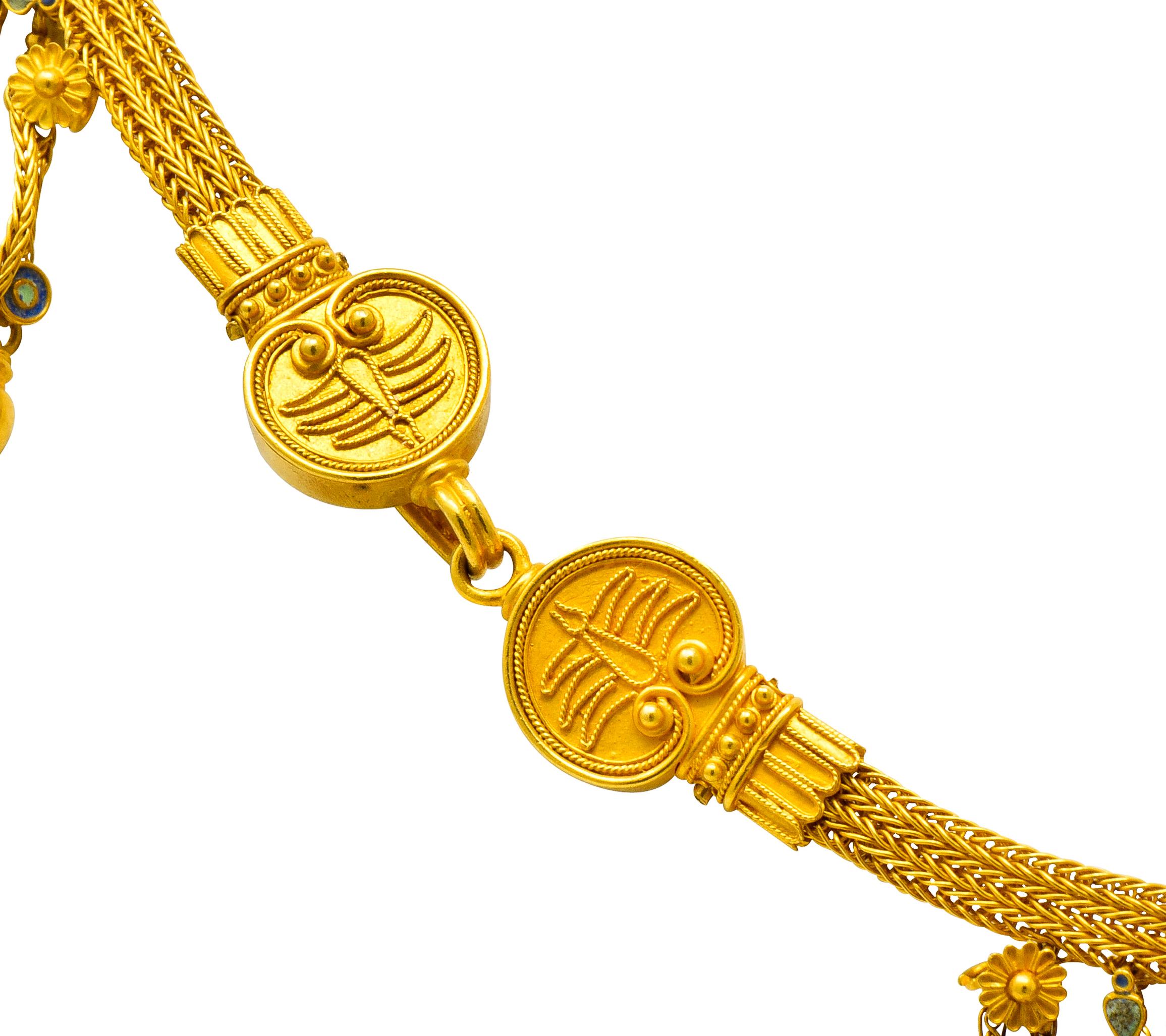 Castellani Etruscan Revival Enamel 18 Karat Gold Fringe Melos Necklace C. 1860s 1
