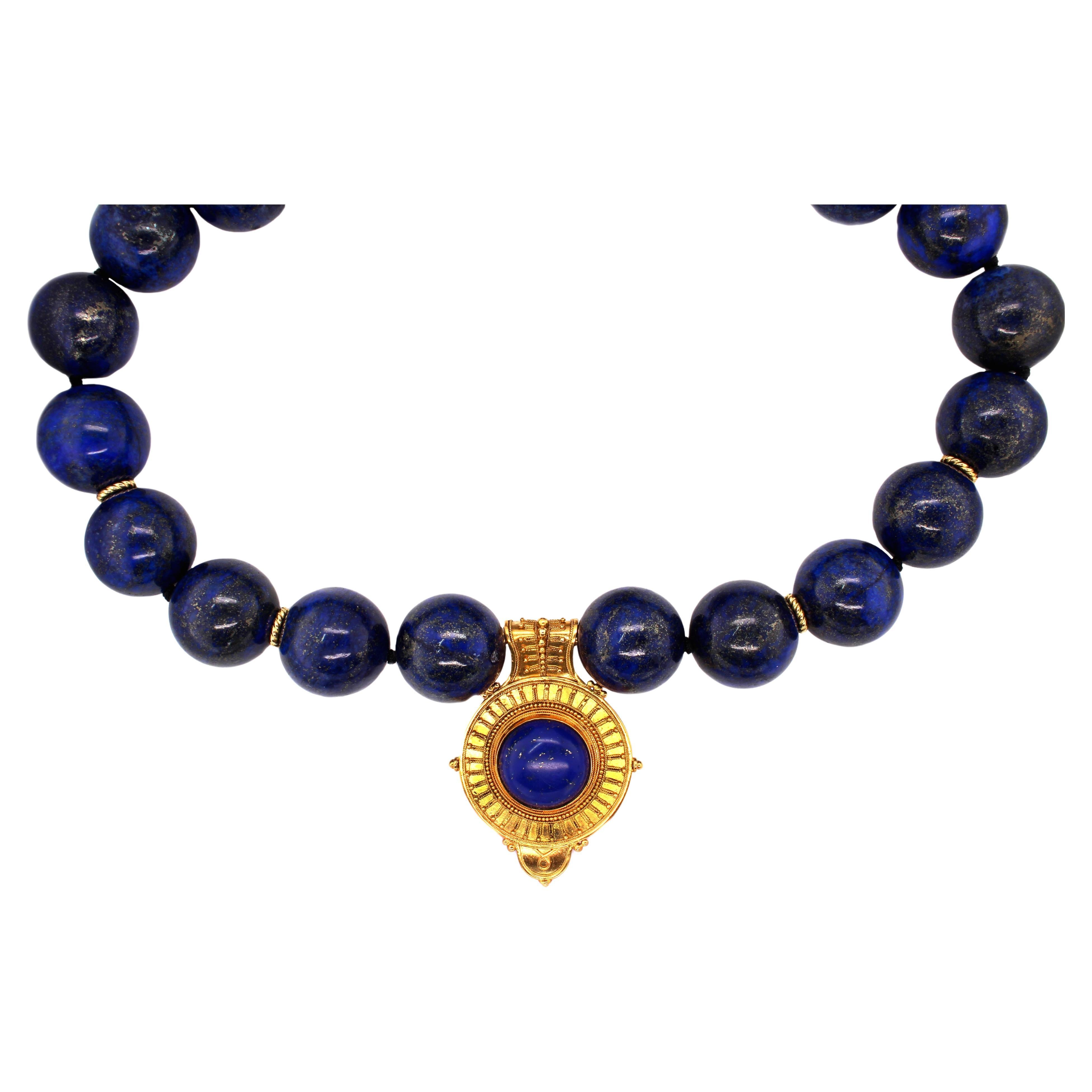 Castellani Etruscan Style 18kt Gold Lapis Bulla Bold Bead Necklace For Sale