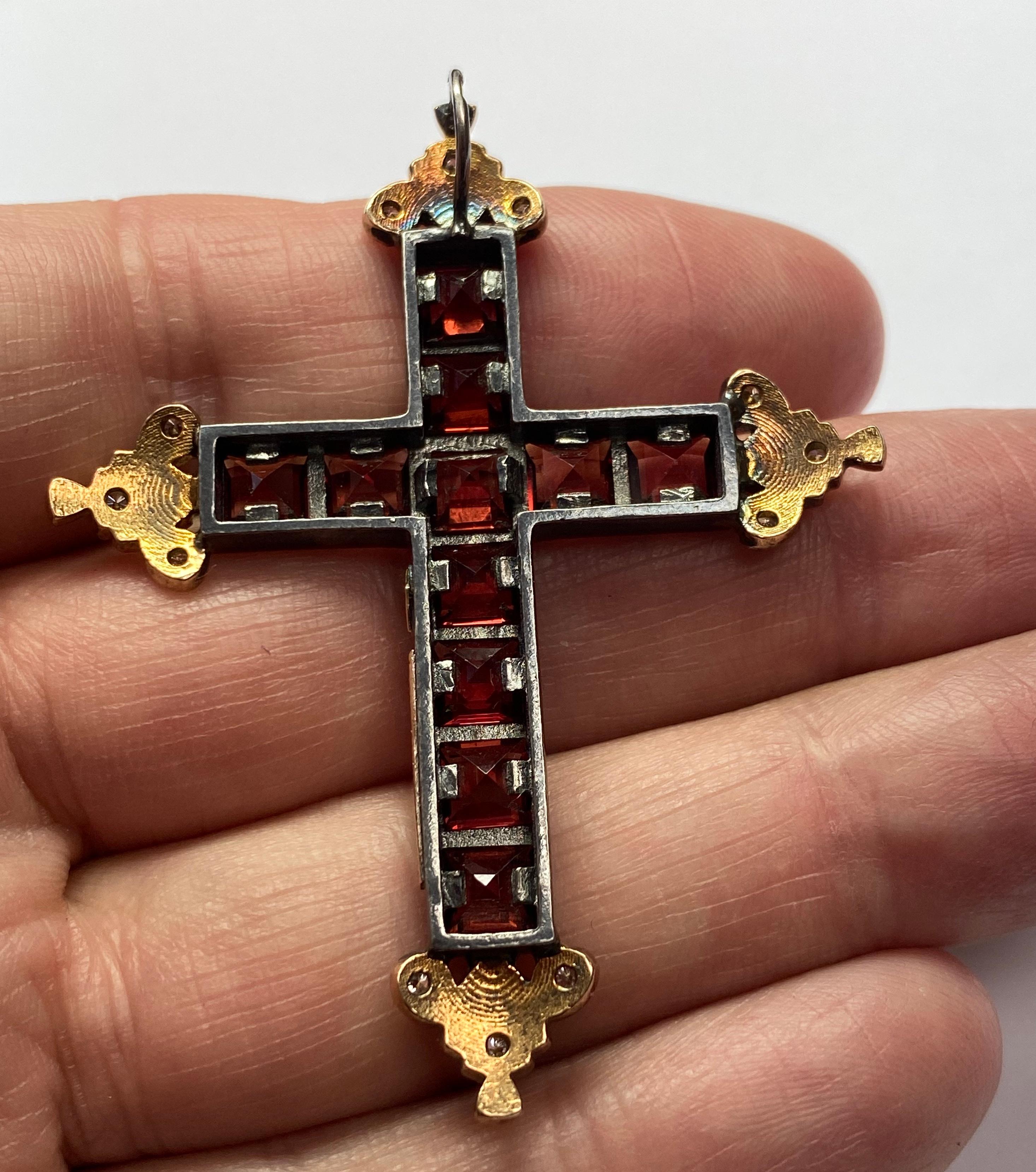 Etruscan Revival Castellani Garnet Diamond Gold Silver Cross Pendant For Sale