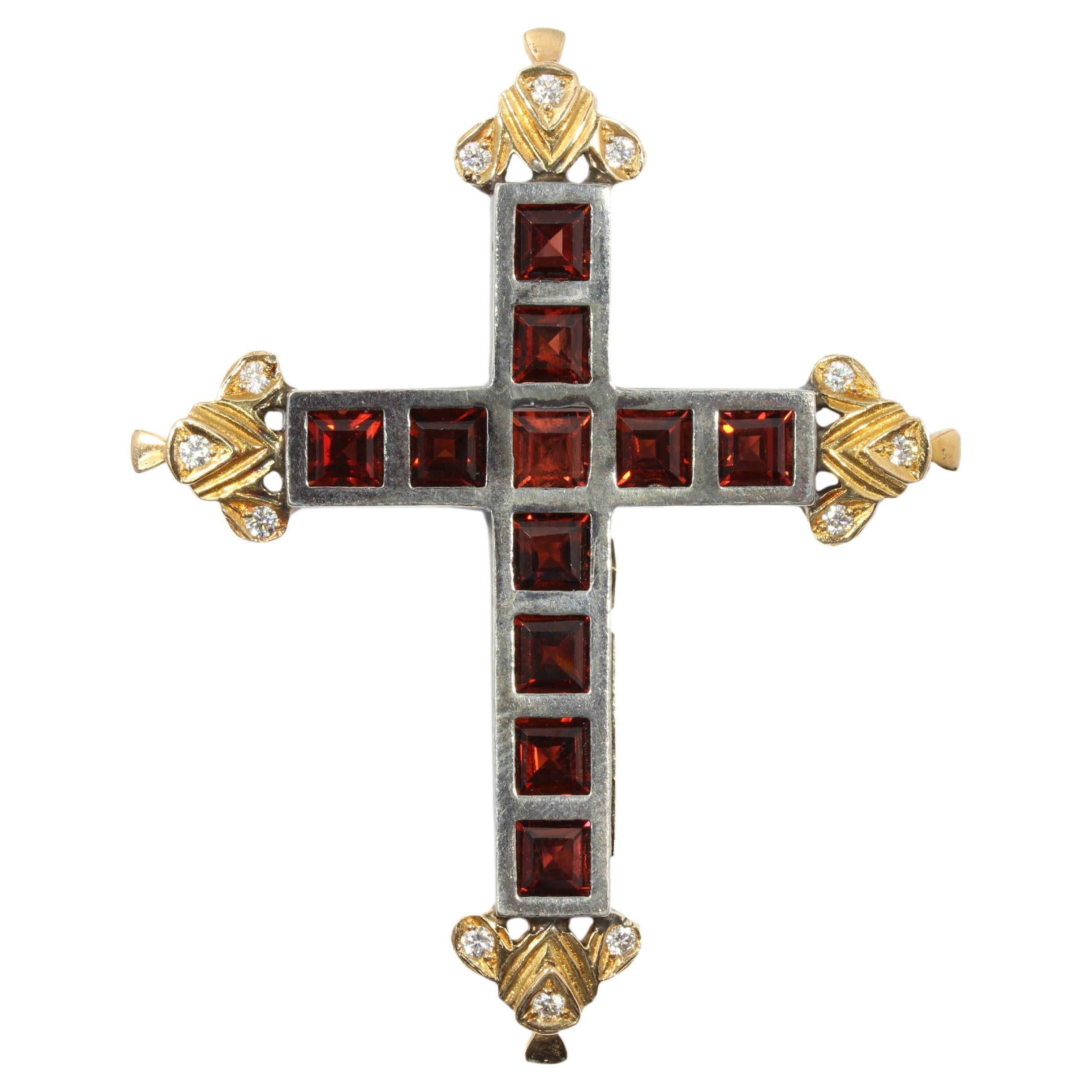 Castellani Garnet Diamond Gold Silver Cross Pendant For Sale