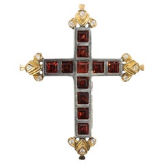 Castellani Garnet Diamond Gold Silver Cross Pendant