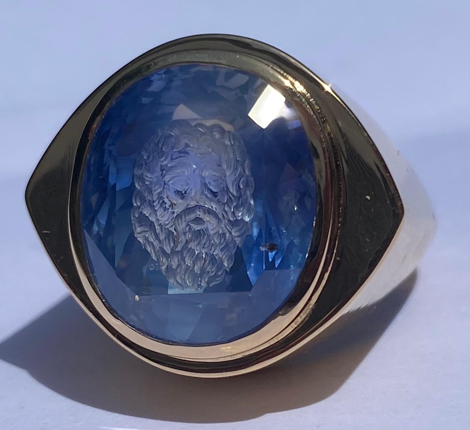 Castellani GIA 20.64ct Sapphire Hand Carved Intaglio 18kt Ring For Sale 1