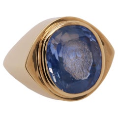 Vintage Castellani GIA 20.64ct Sapphire Hand Carved Intaglio 18kt Ring