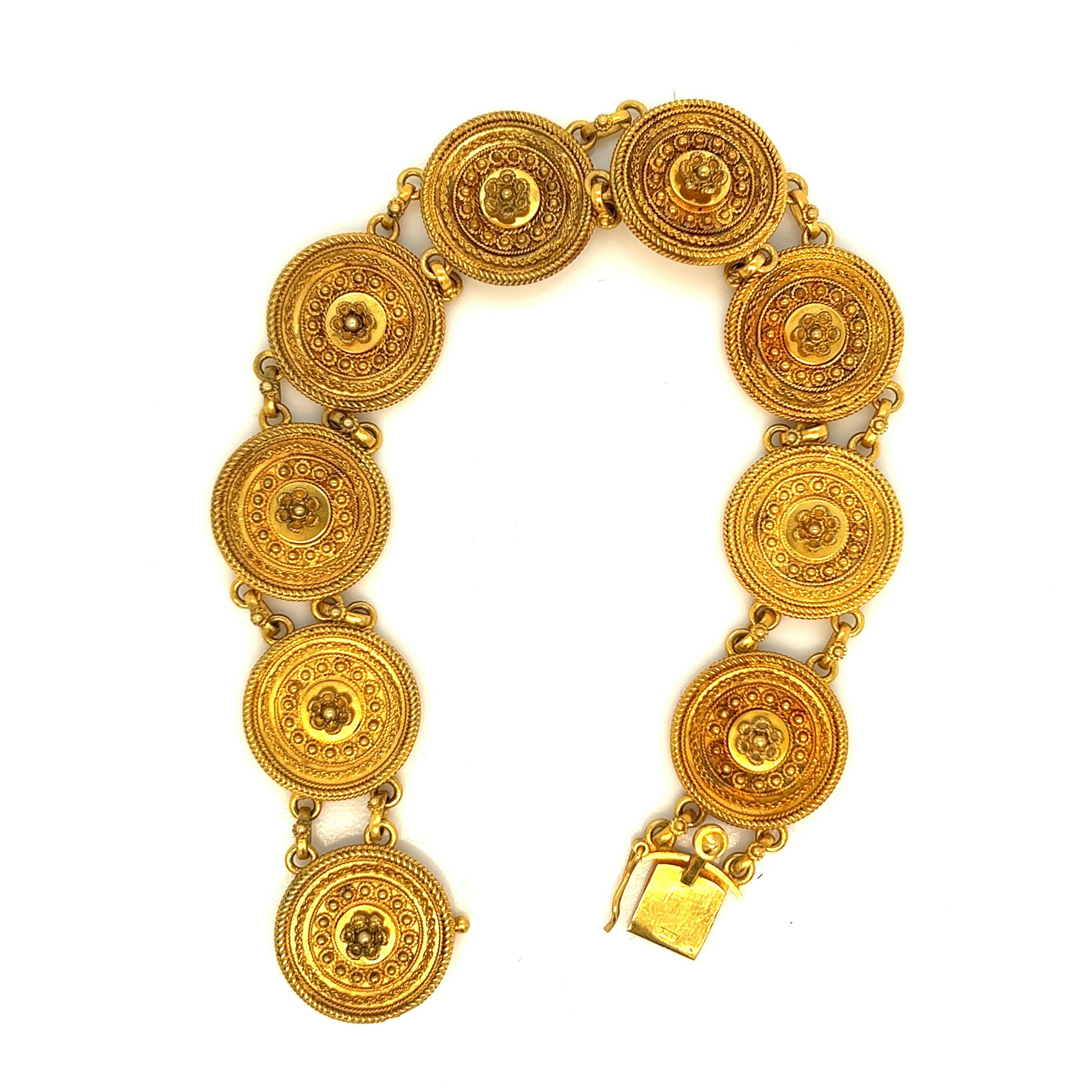 Castellani bracelet of beautiful filigree work

15 karat yellow gold; marked Castellani, 15ct

Size: width 0.63 inch, length 7.25 inches 
Total weight: 23.9 grams
