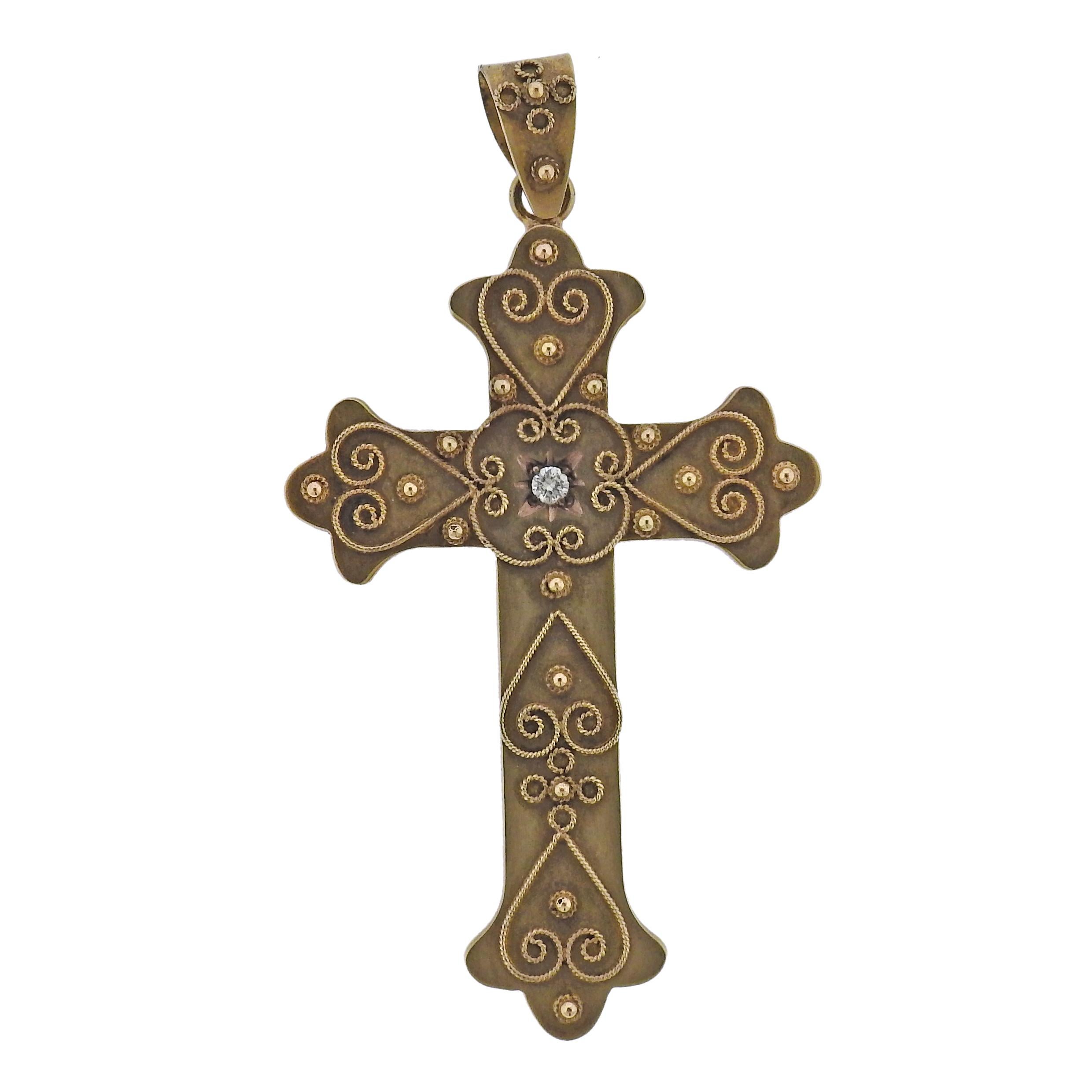 Round Cut Castellani Gold Granulated Filigree Diamond Cross Pendant