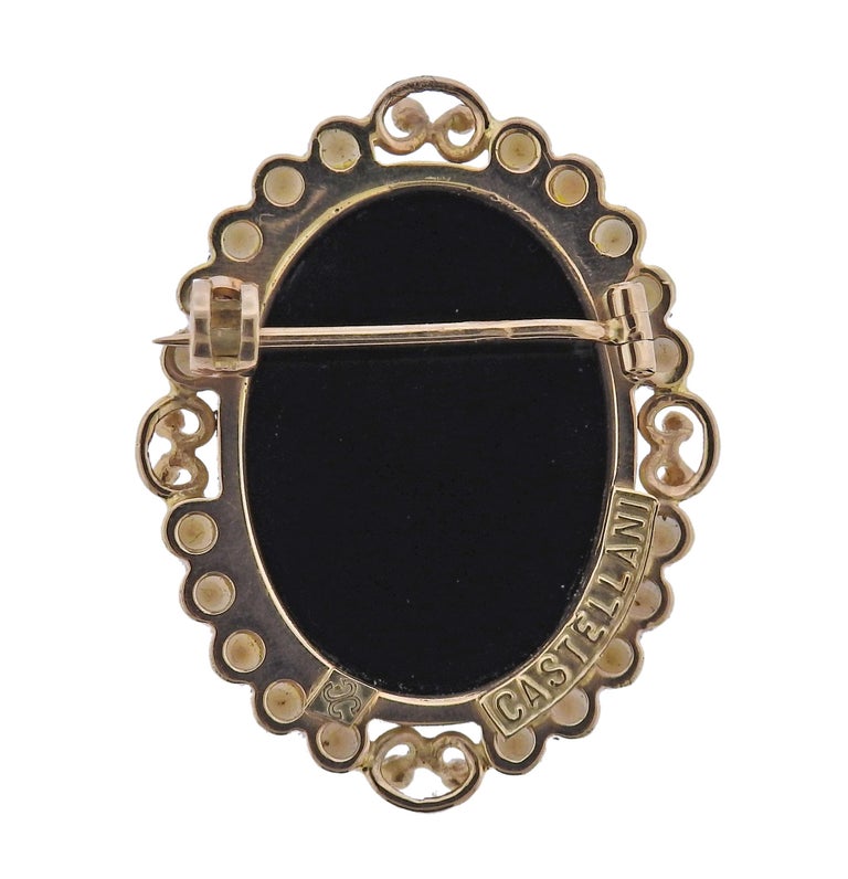 The jewelry offered by Castellani today, is created by the same gold techniques as in the 1850’s as well as by the ancient Etruscans. This 15k gold Castellani brooch featuring agate cameo, surrounded with pearls. Has a hidden bale to be worn as a
