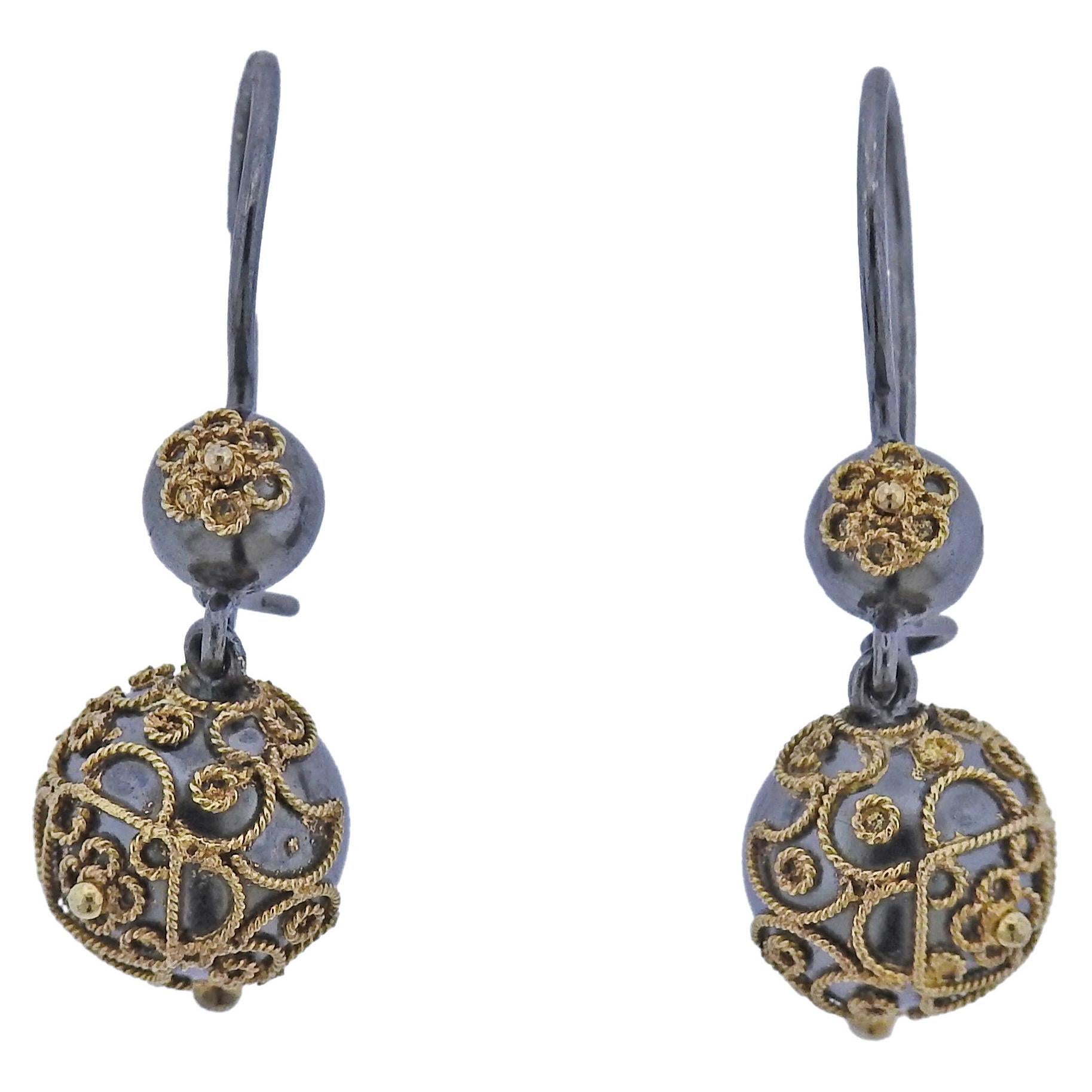 Castellani Gold Silver Granulated Filigree Ball Drop Earrings For Sale