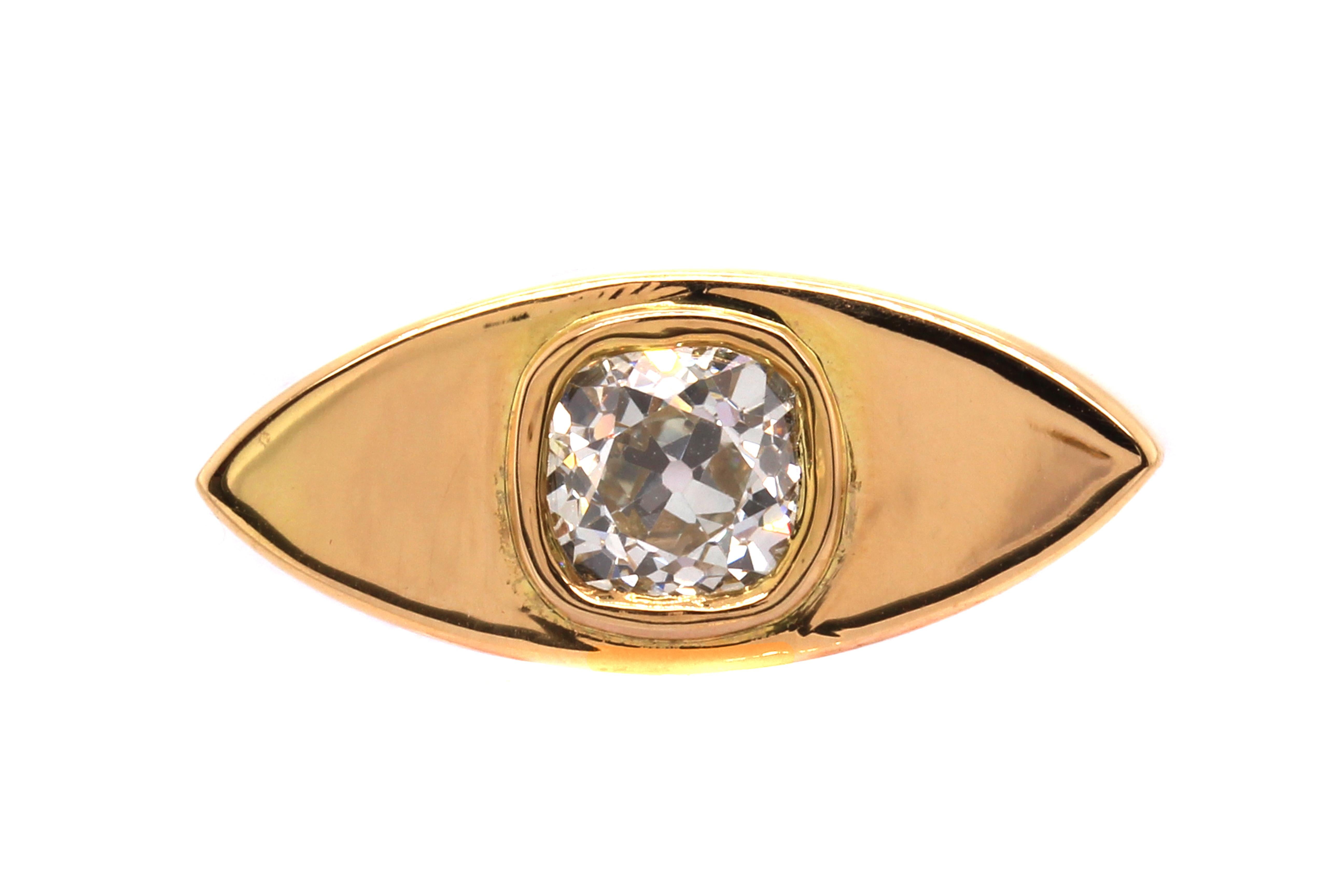 A charming old mine cut diamond circa 1880 is bezel set into the Castellani® Cleopatra ring using our 18kt Terra-Cotta Red™ Gold with a bright polish.
The design is wide on the finger. The bezel sits up slightly higher that the flat gold sides that