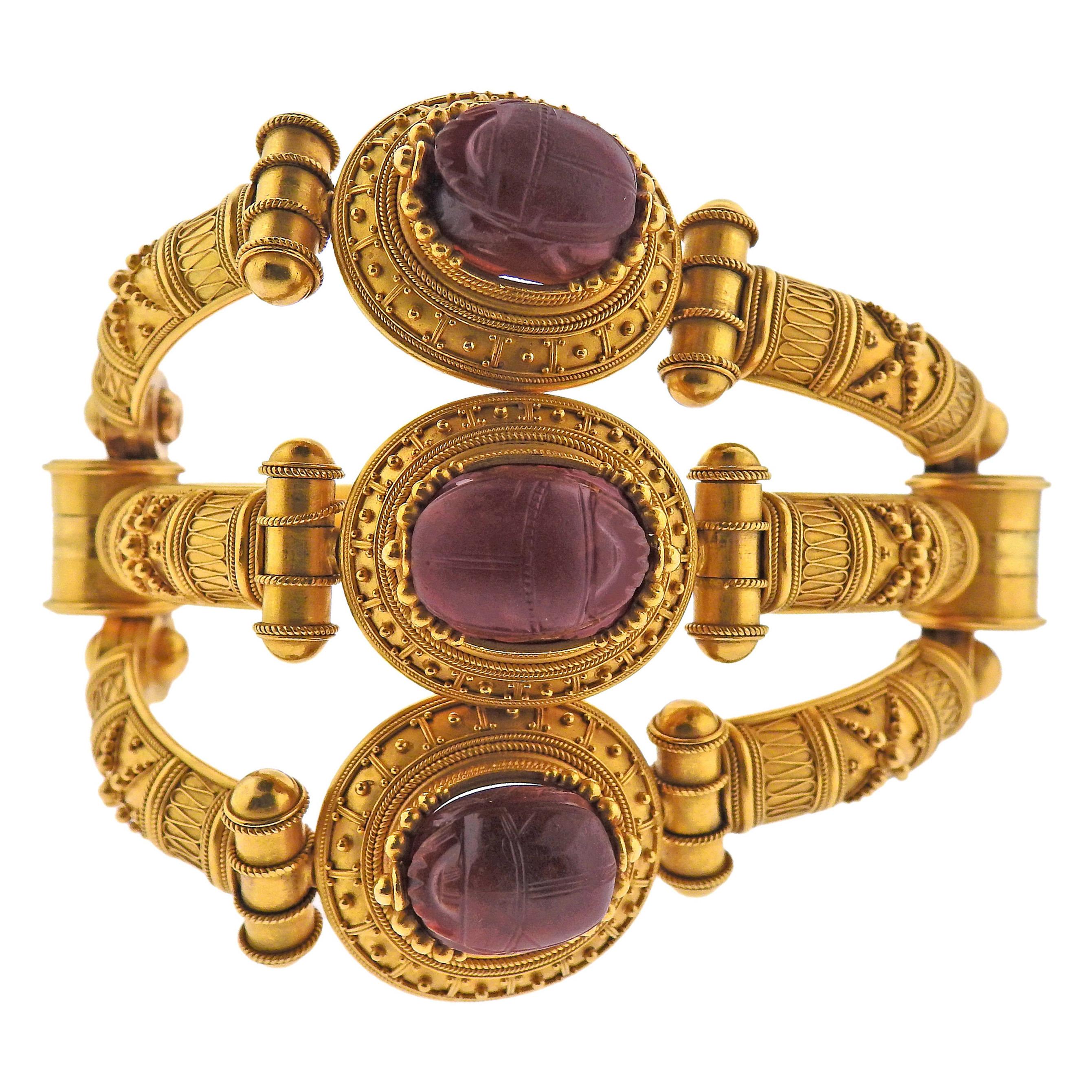 Castellani One of a Kind Important 15 Karat Gold Carnelian Scarab Bracelet For Sale