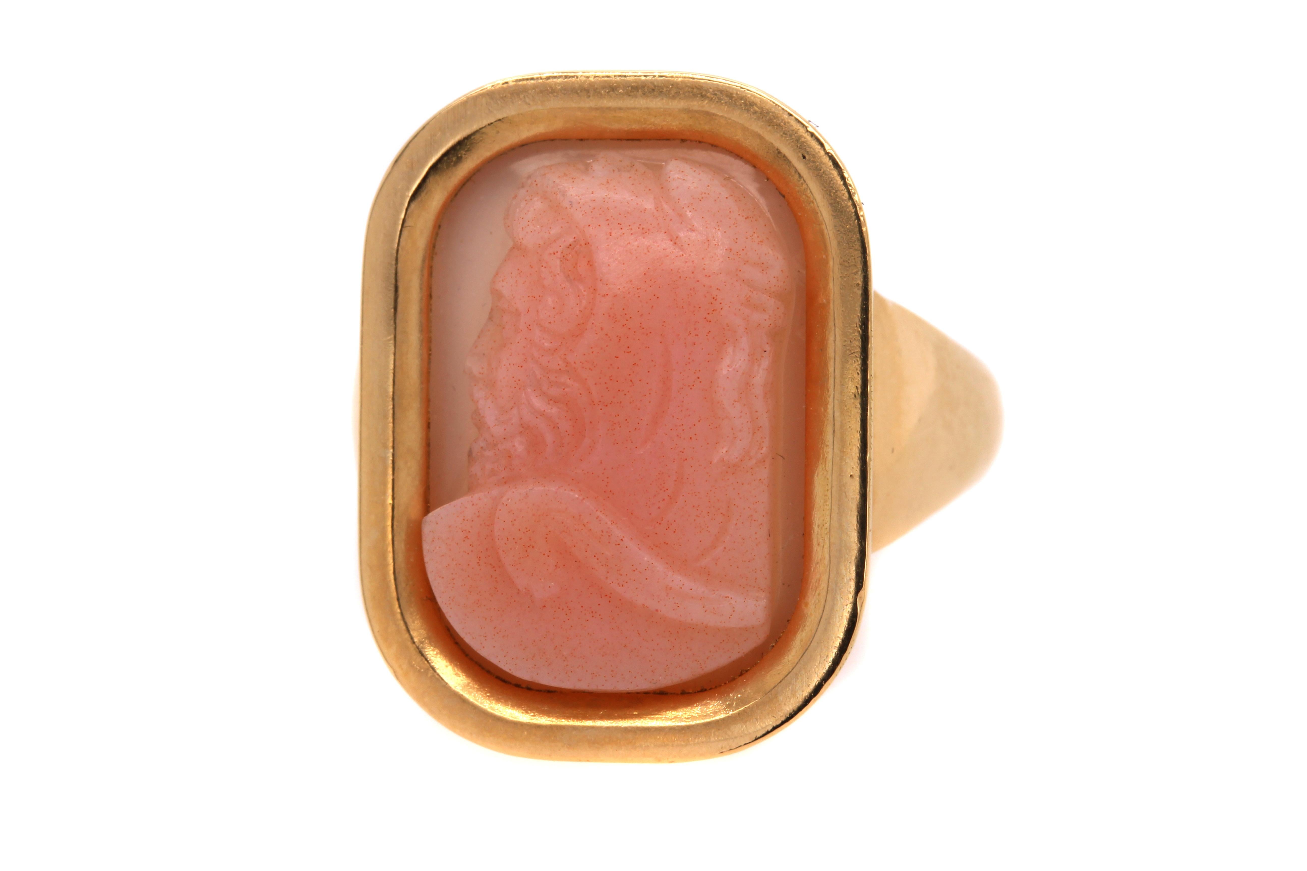 An interesting Pink color agate 19th Century cameo depicting Hercules and the Nemean Lion (on Hercules’ head). Nemean Lion symbolizes the need to have a strong exterior and not let others sway you.
The relief if the carving shows the details of