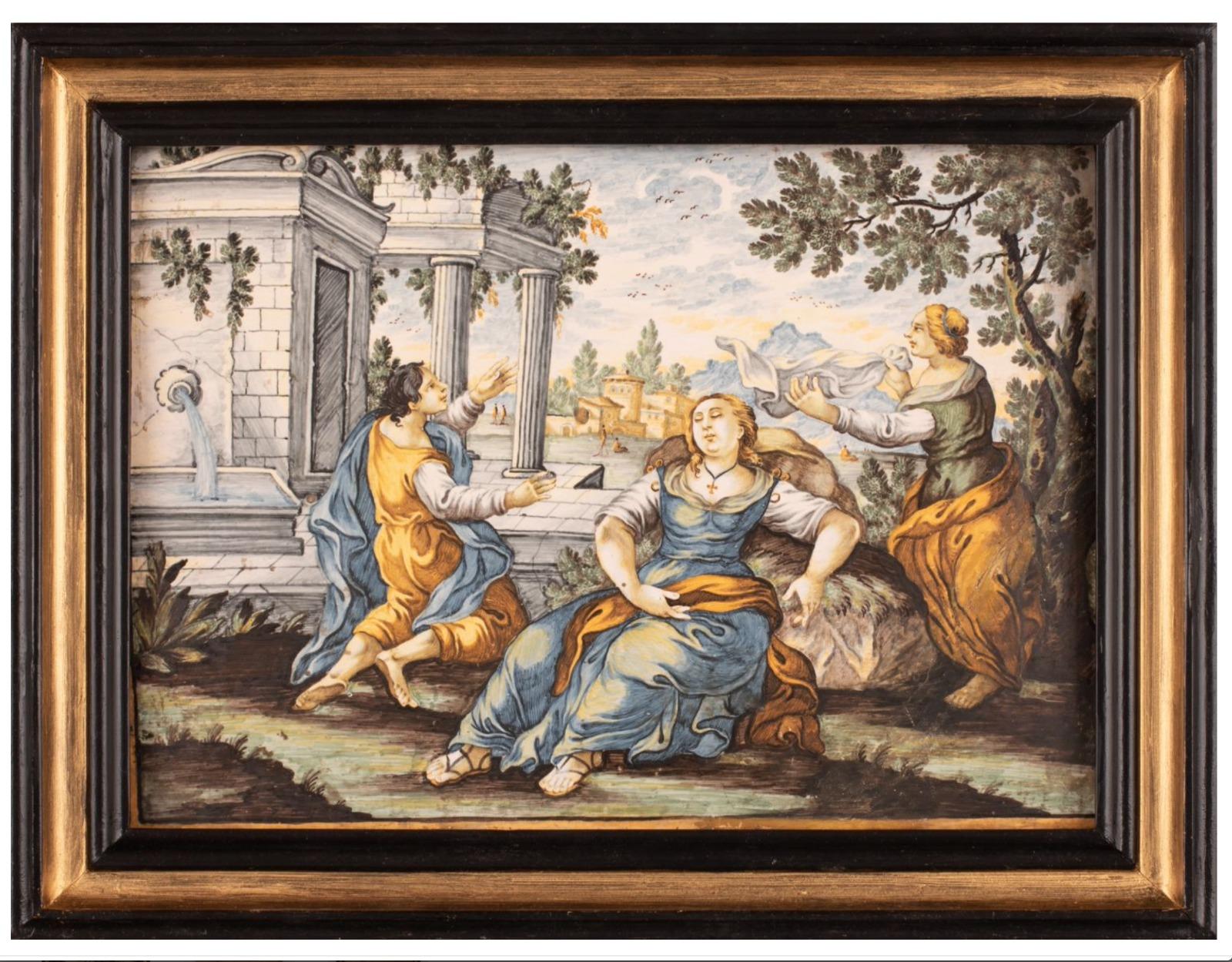 Gentili Manufacture, Castelli, mid-18th century.
Polychrome majolica plaque within ebonized and gilded frame, decorated with classical scene and figures, ruins and landscape with houses in the background.
Dimensions:
25x35 cm; with frame 32x42