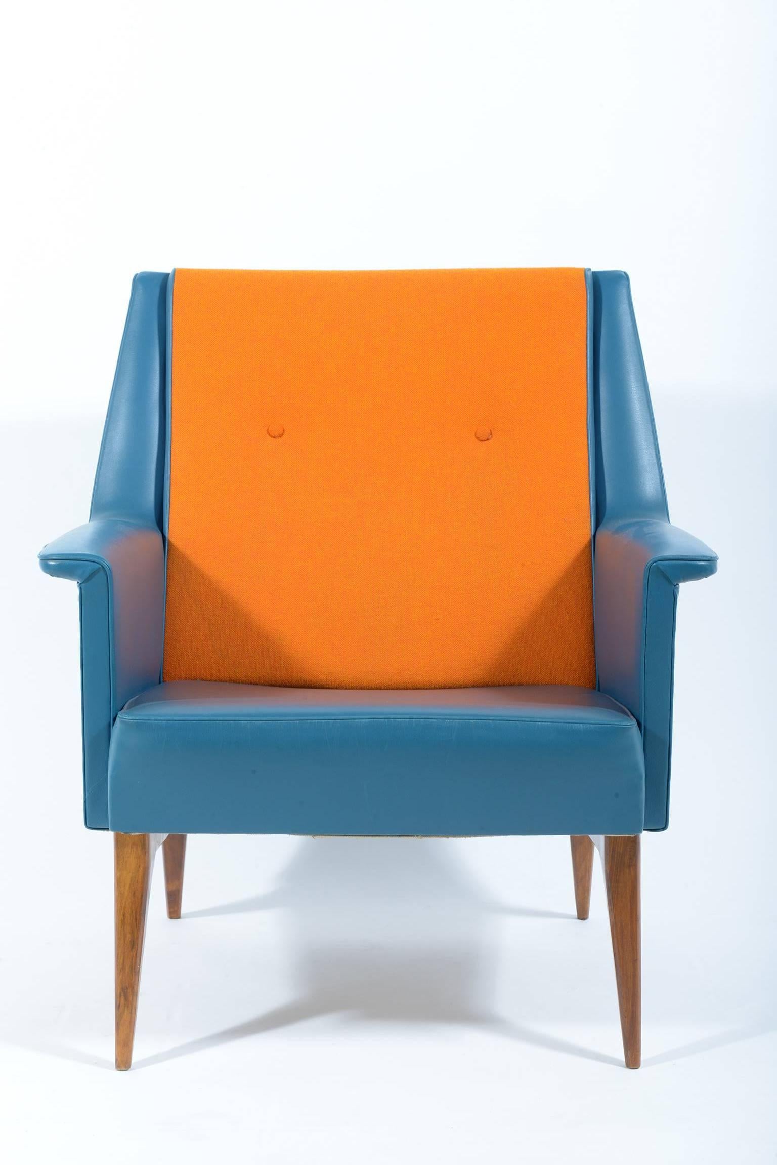 Italian Castelli Signed Midcentury Pair of Armchairs Original Orange-Bleu Upholstery For Sale