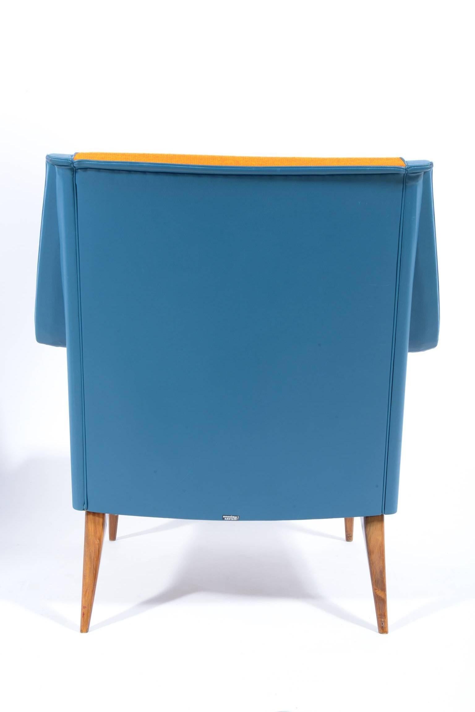 Castelli Signed Midcentury Pair of Armchairs Original Orange-Bleu Upholstery In Good Condition For Sale In Firenze, Toscana