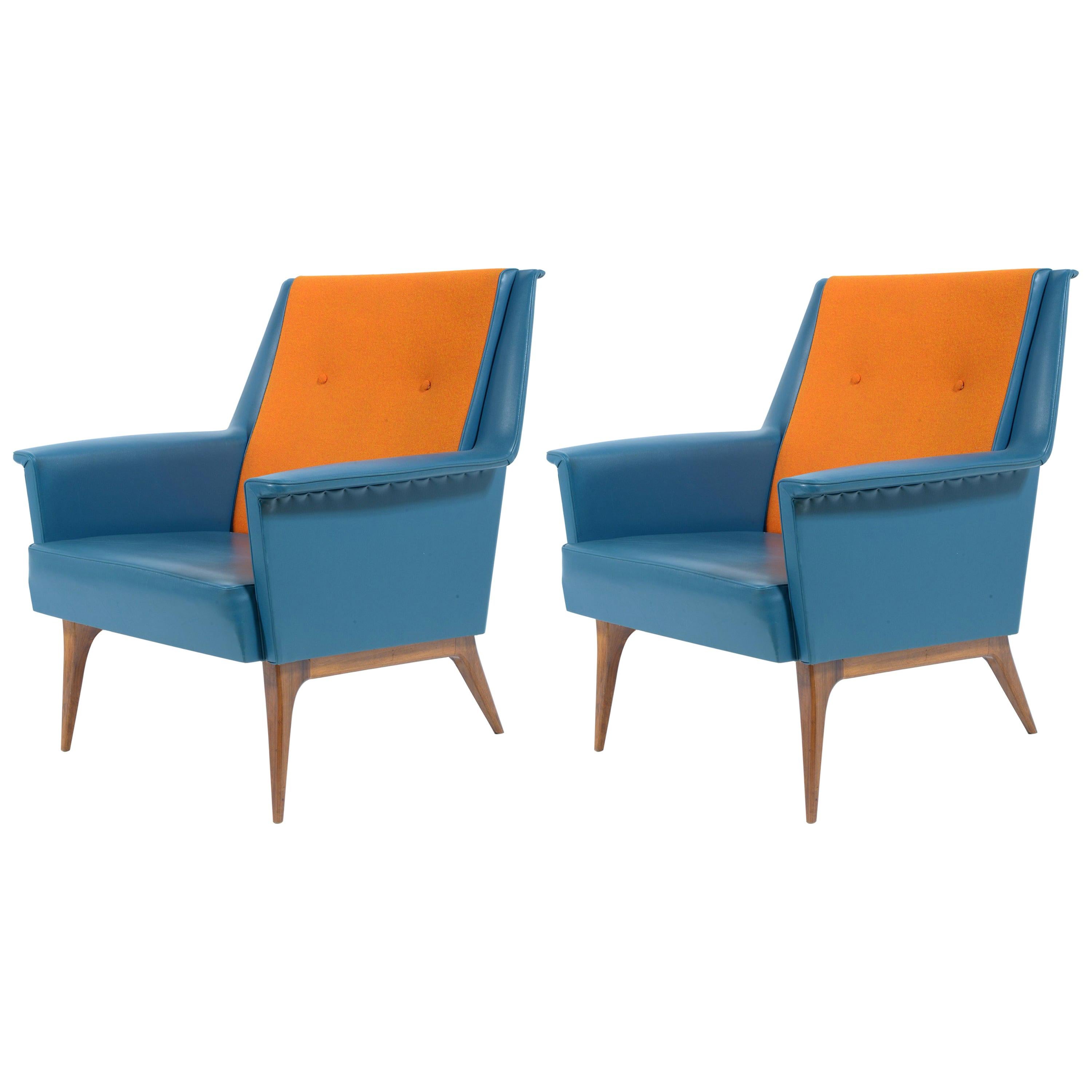 Castelli Signed Midcentury Pair of Armchairs Original Orange-Bleu Upholstery For Sale