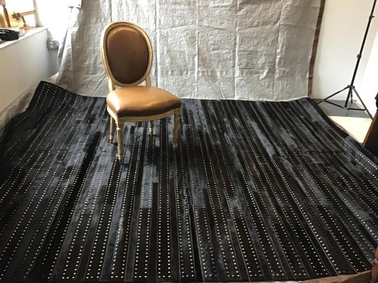 Tack Rug Castelluxe Gemma Design Black Hair on Hide Rug With Brass Tacks For ...