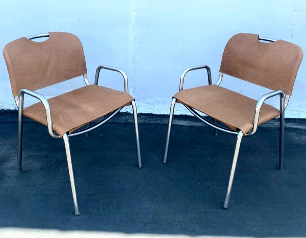 Pair of Italian chairs model 2062 by Achille Castiglioni & Marccelo for Zanotta year 1967 minale. Chairs are new reupholstered in leather.