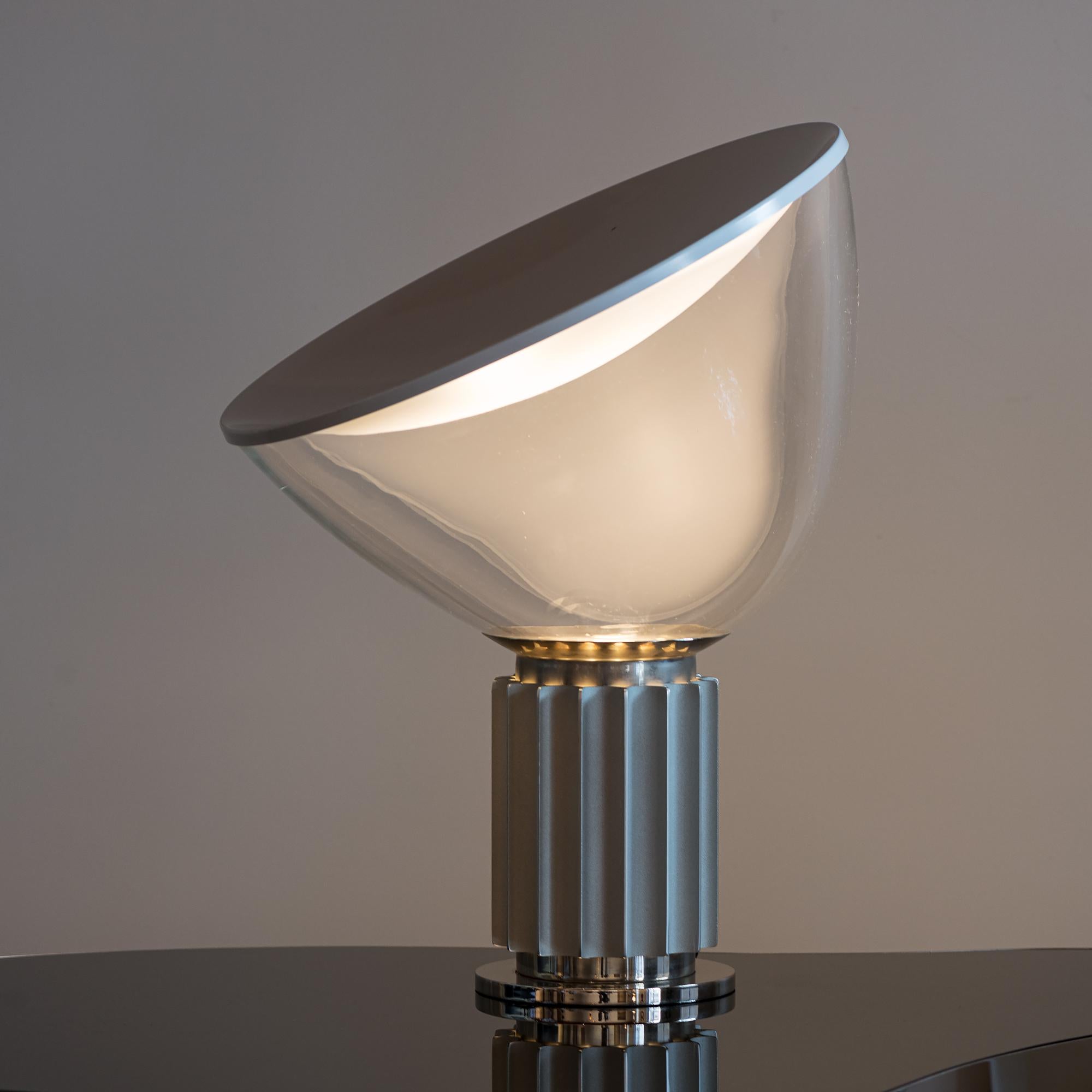 Iconic Taccia lamp by Achille and Pier Giacomo Castiglioni in aluminum and blown glass. Italy, 1962. This example from the late 20th century.