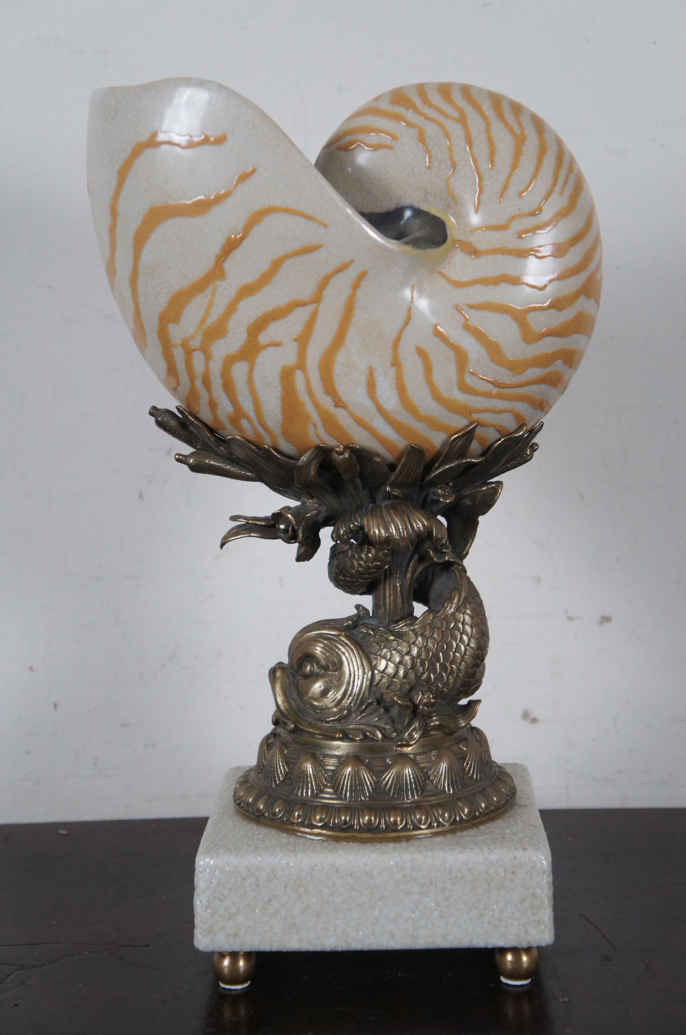 Neoclassical Castilian Brass & Porcelain Nautilus Sea Shell Dolphin Mantel Urn Vase Sculpture