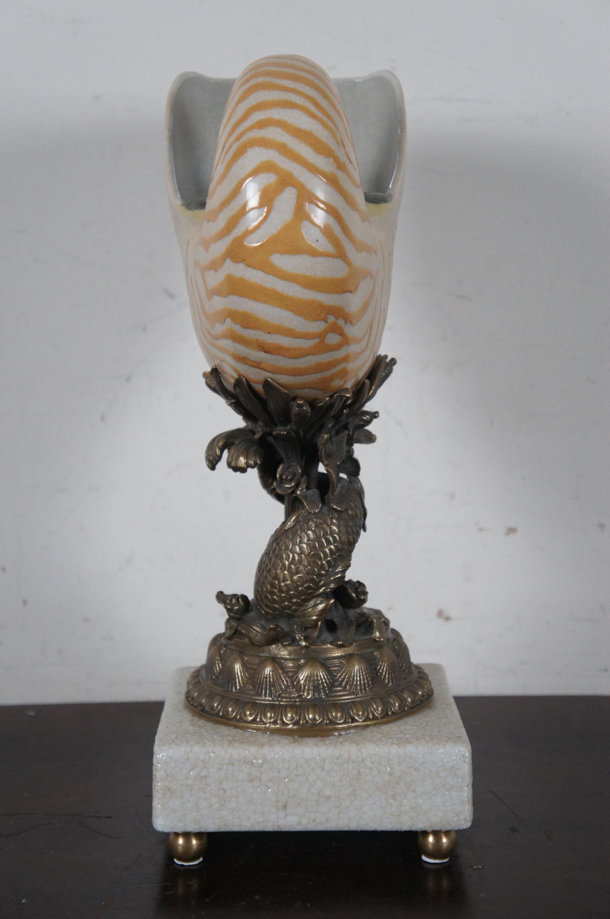 Castilian Brass & Porcelain Nautilus Sea Shell Dolphin Mantel Urn Vase Sculpture In Good Condition In Dayton, OH